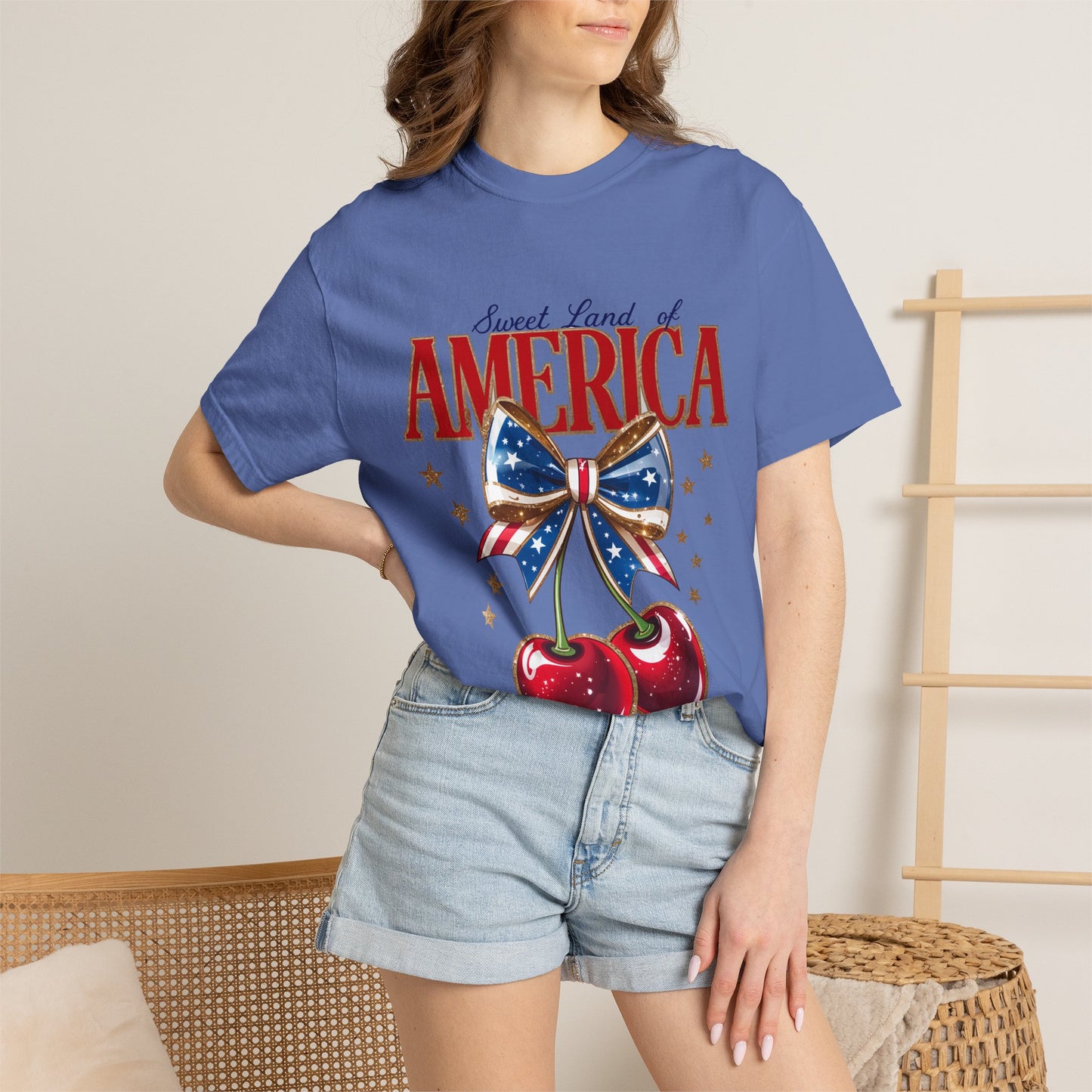 America Cherry Patriotic T-Shirt — "Sweet Land of America" Vintage Bow Design