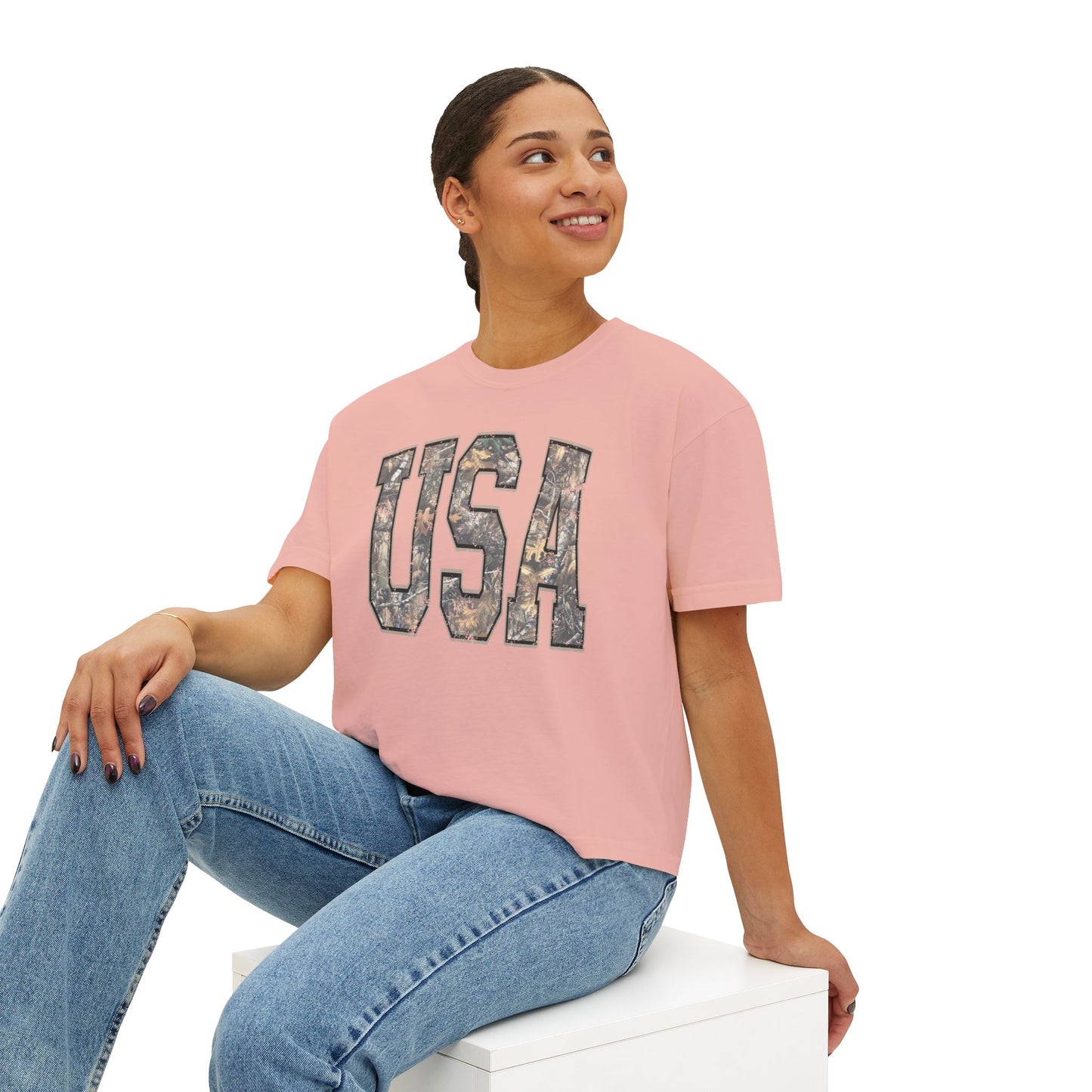 USA Camo Boxy Tee — Women's Patriotic Crop T-Shirt