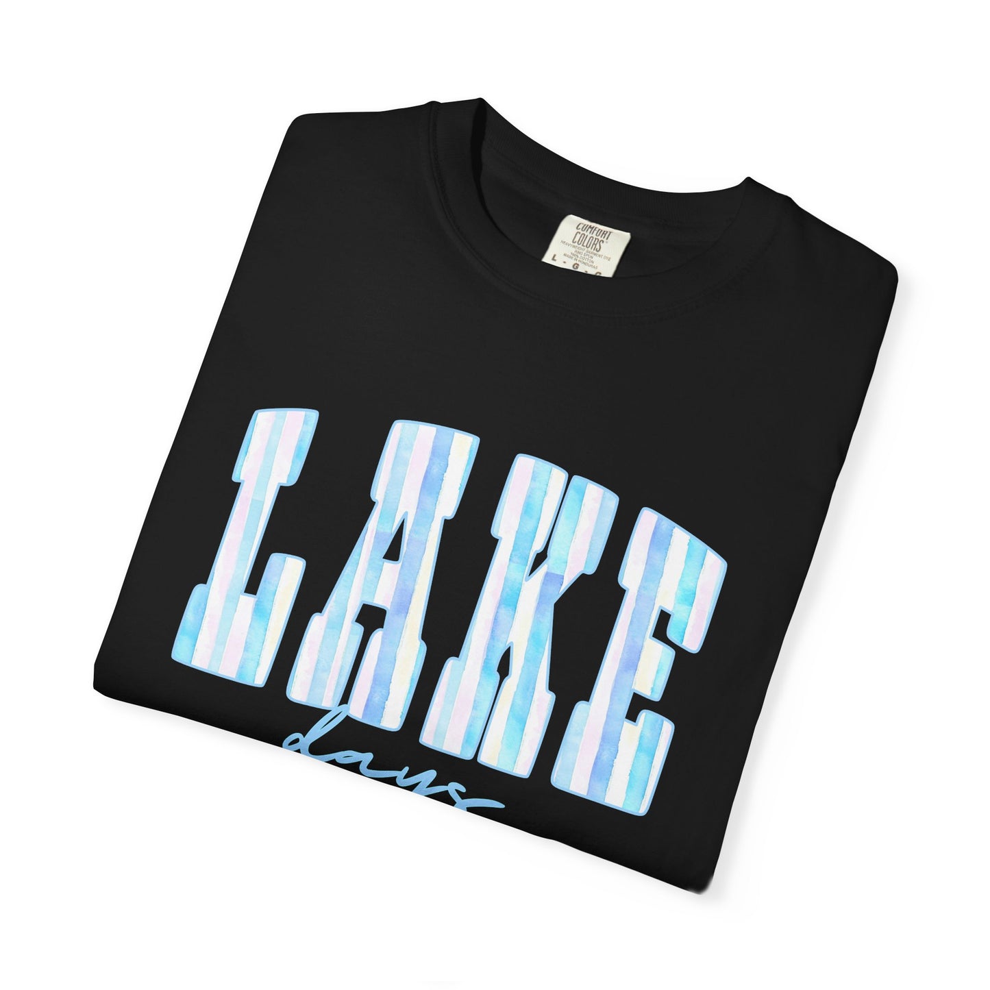 T-Shirt — "Lake Days" Blue Striped Graphic Tee