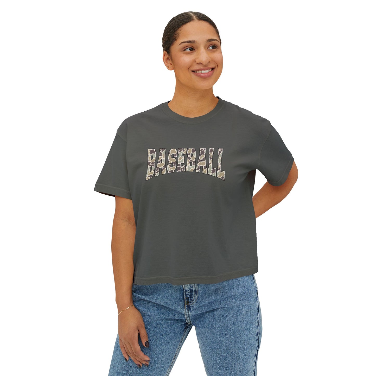 Baseball Camo Boxy Tee — Women's Cropped Casual Shirt