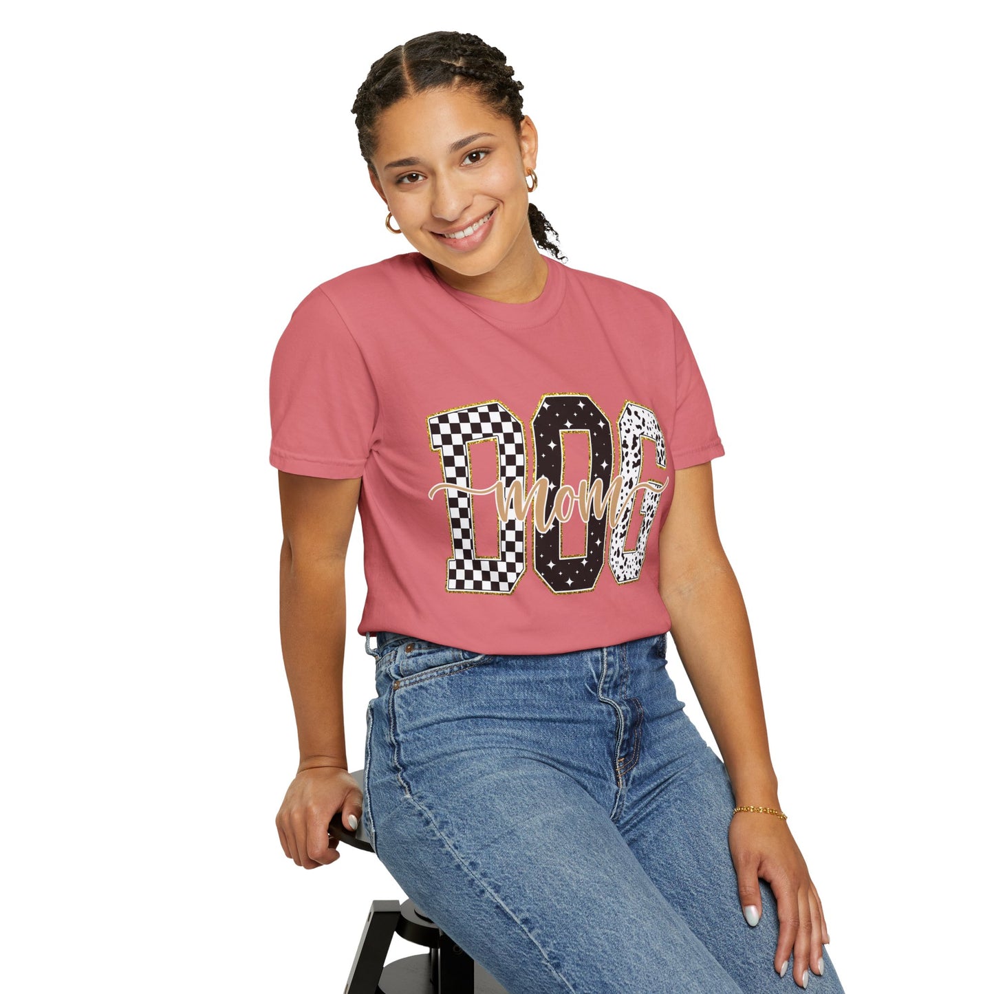 Dog Mom T‑Shirt — Checkerboard & Leopard Lettering Graphic Tee
