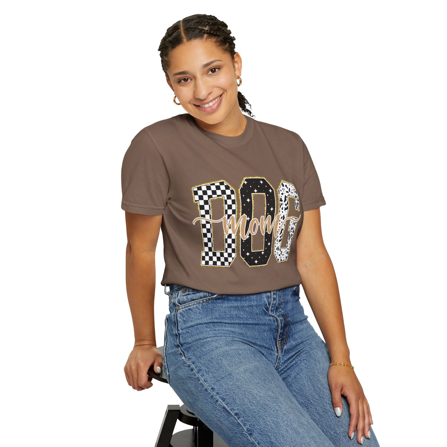 Dog Mom T‑Shirt — Checkerboard & Leopard Lettering Graphic Tee