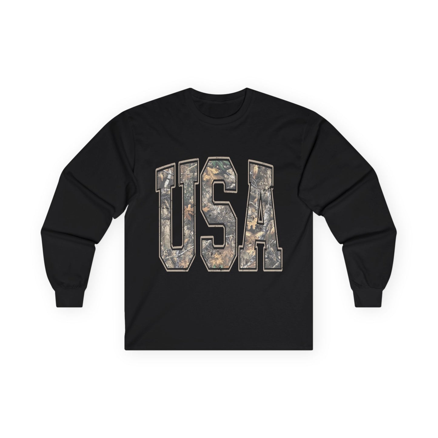 USA Camo Long Sleeve Tee — Patriotic Military Camouflage Graphic Shirt