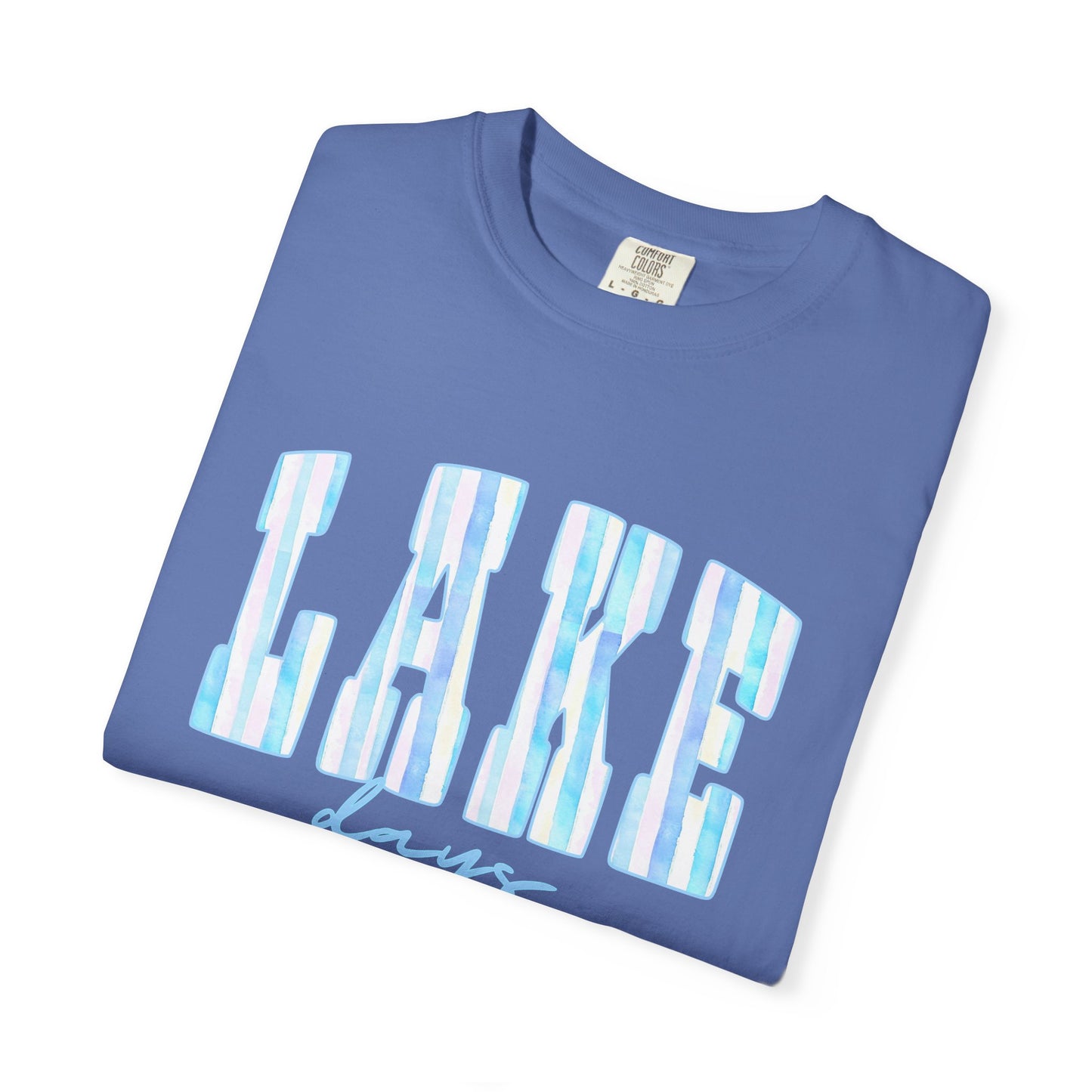 T-Shirt — "Lake Days" Blue Striped Graphic Tee