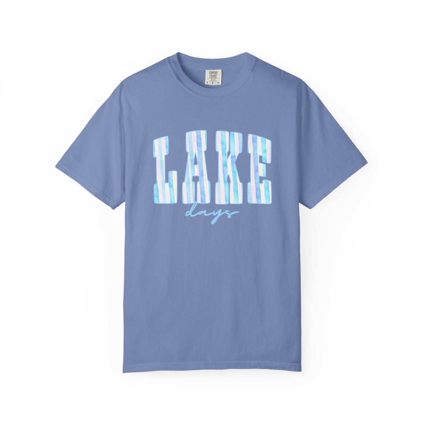 T-Shirt — "Lake Days" Blue Striped Graphic Tee