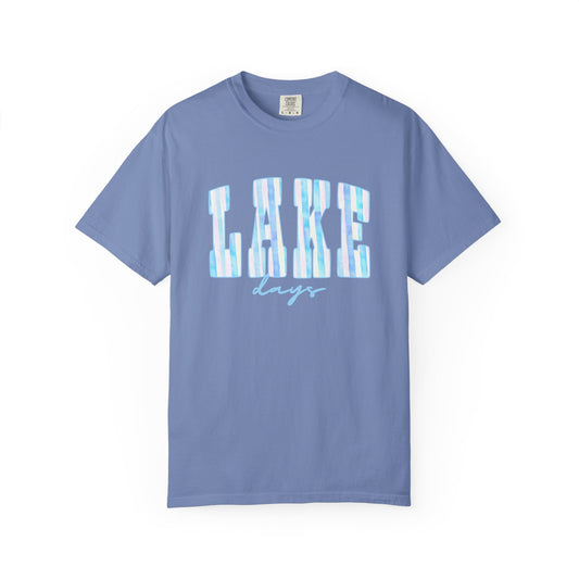 T-Shirt — "Lake Days" Blue Striped Graphic Tee