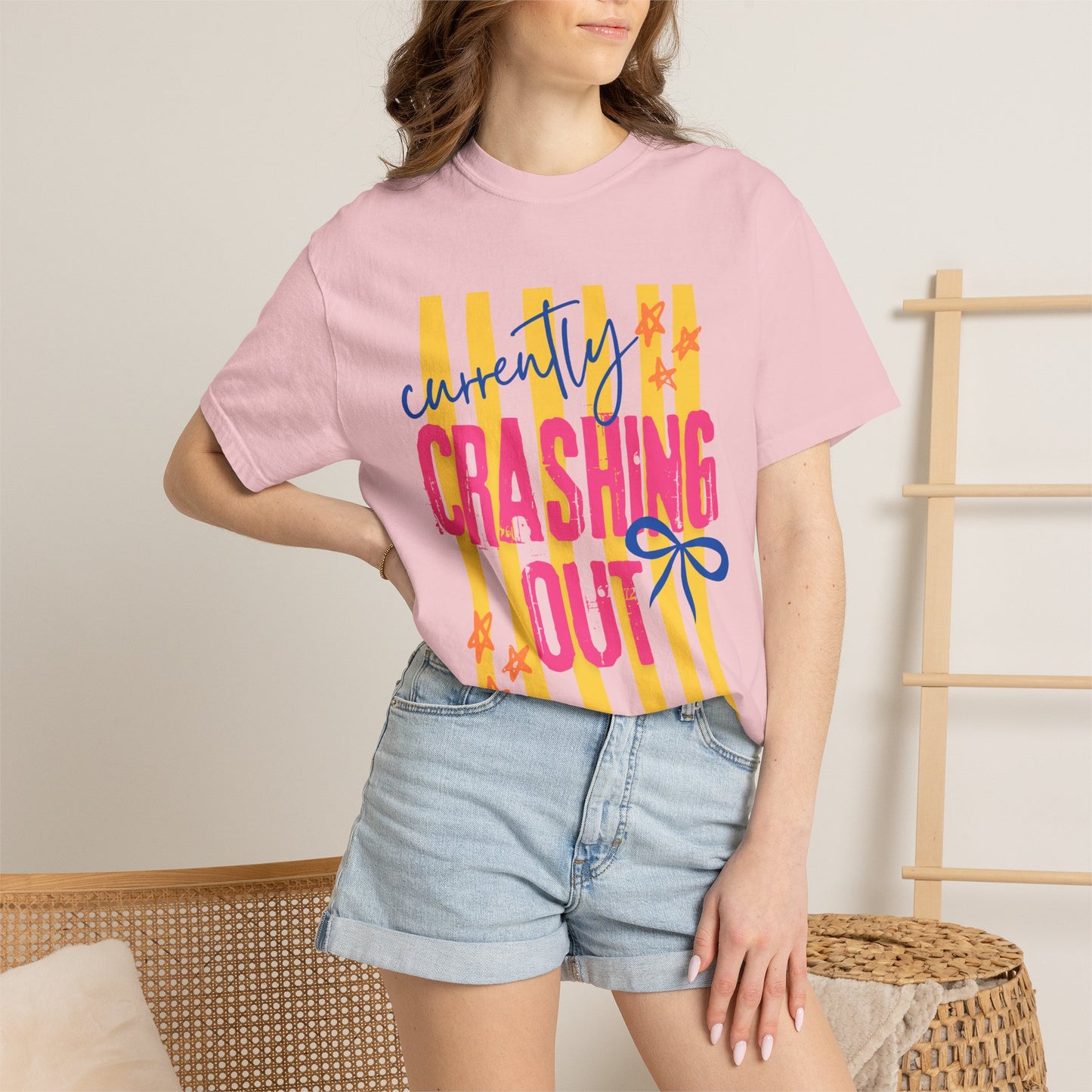 Crashing Out Graphic T‑Shirt — "Currently Crashing Out" Colorful Stripes & Bow Tee
