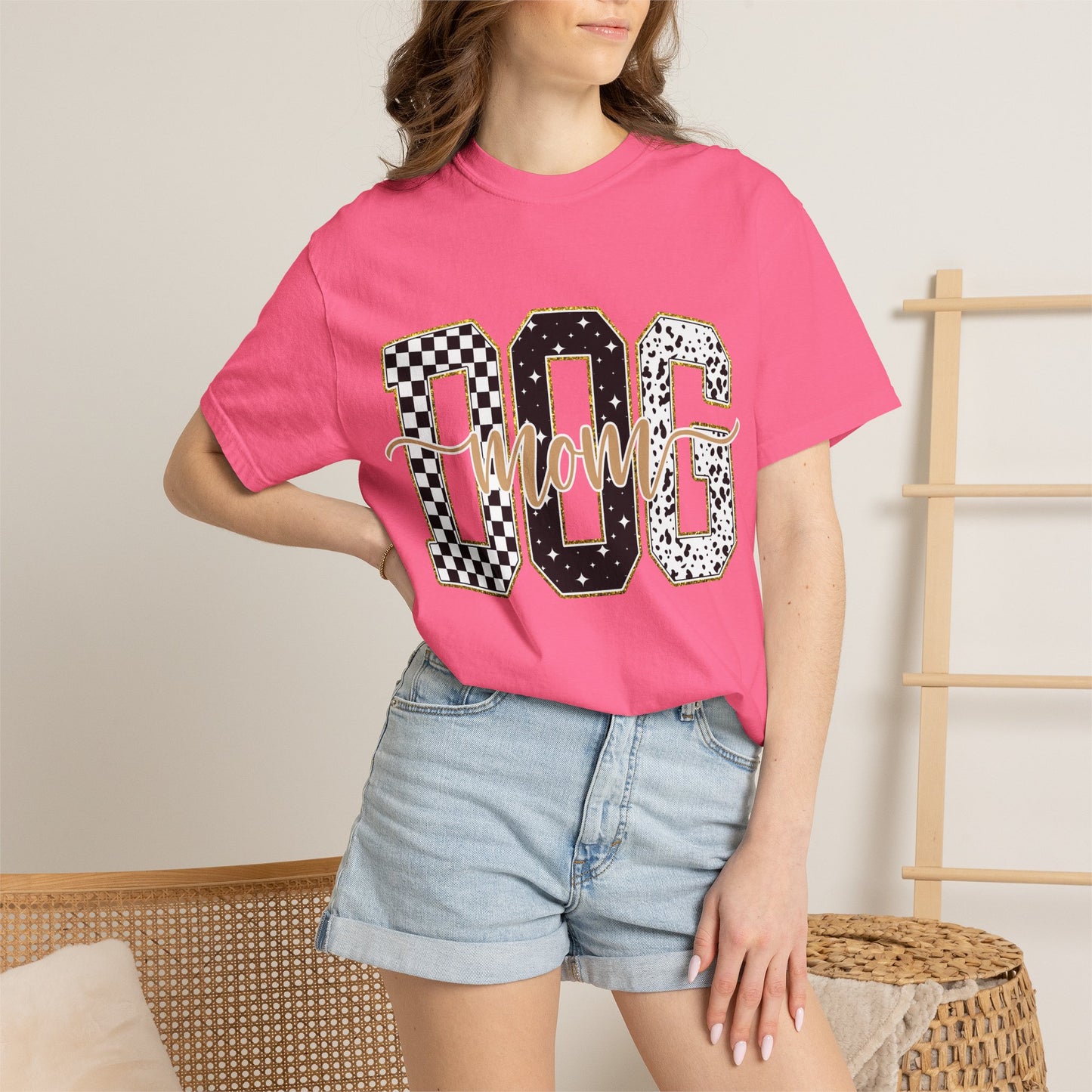 Dog Mom T‑Shirt — Checkerboard & Leopard Lettering Graphic Tee