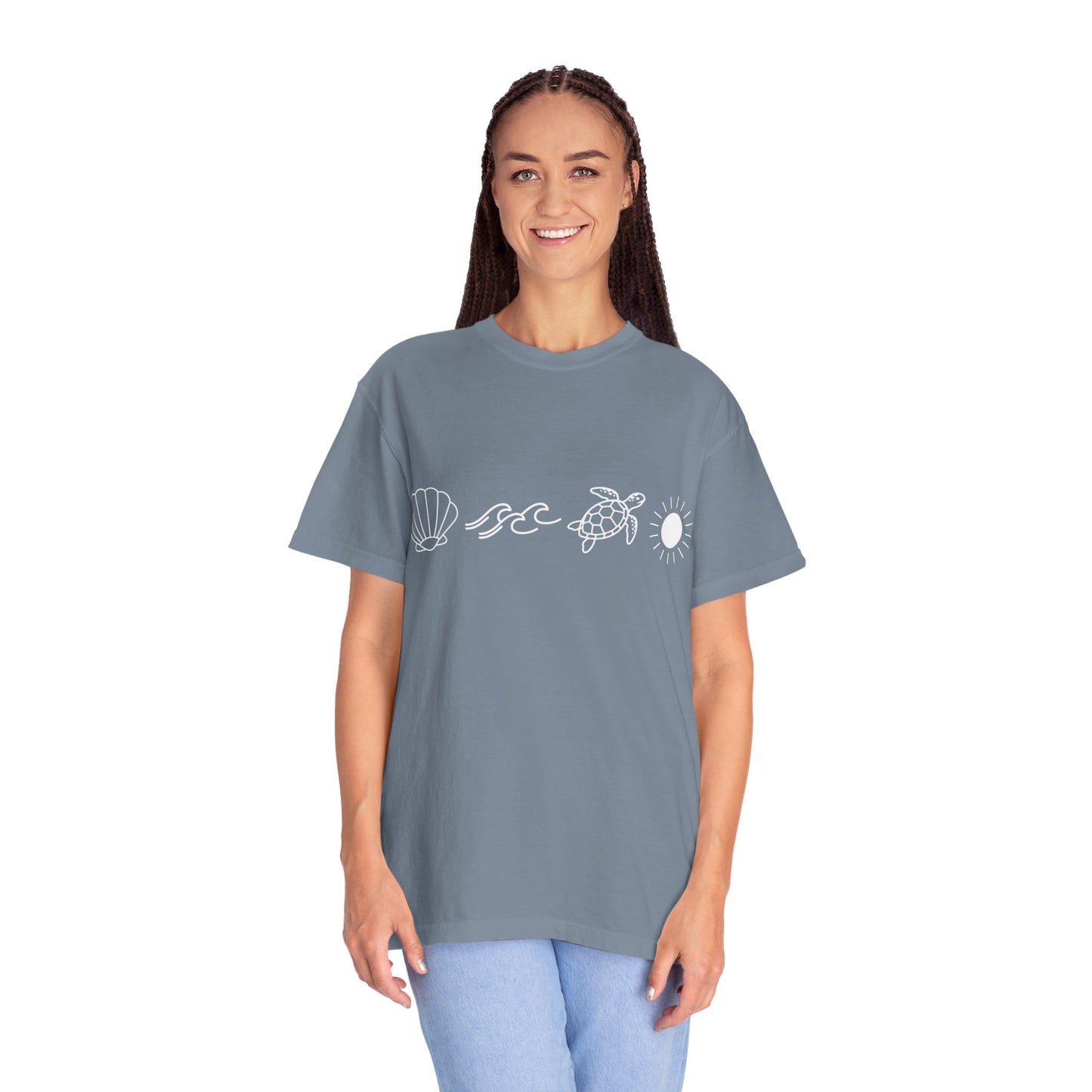 Sea Life Icons T-Shirt — Shell, Waves, Turtle & Sun Graphic Tee