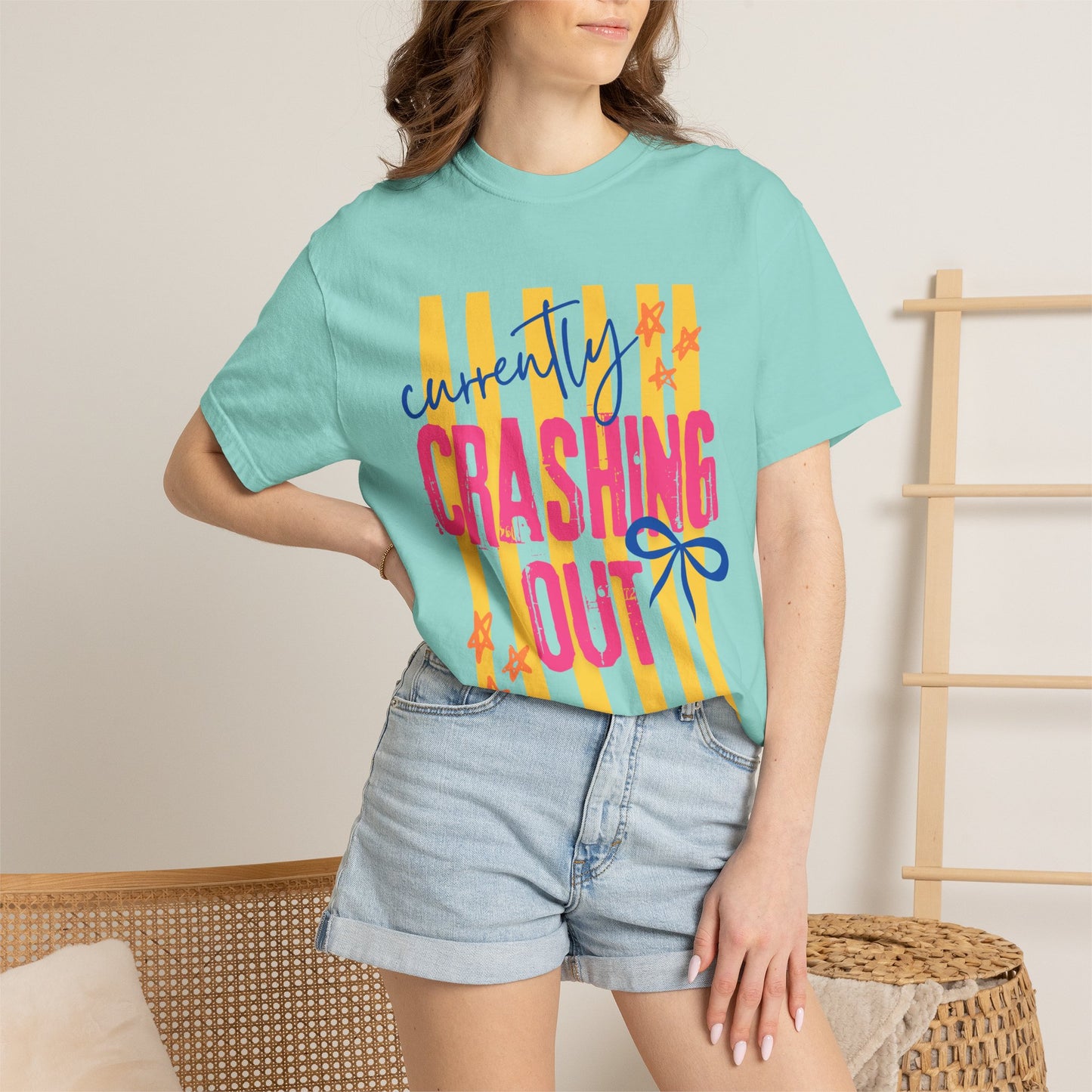 Crashing Out Graphic T‑Shirt — "Currently Crashing Out" Colorful Stripes & Bow Tee