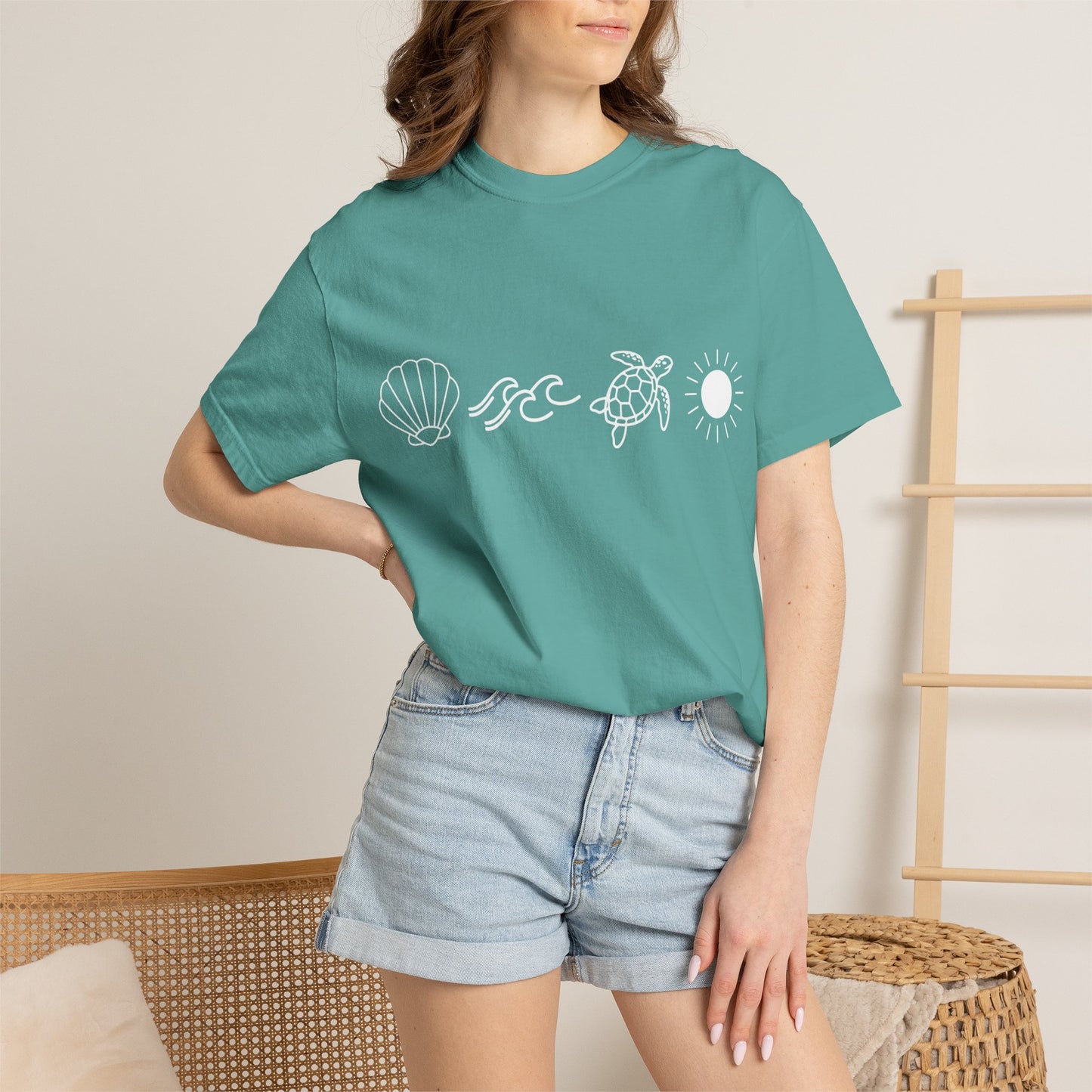 Sea Life Icons T-Shirt — Shell, Waves, Turtle & Sun Graphic Tee