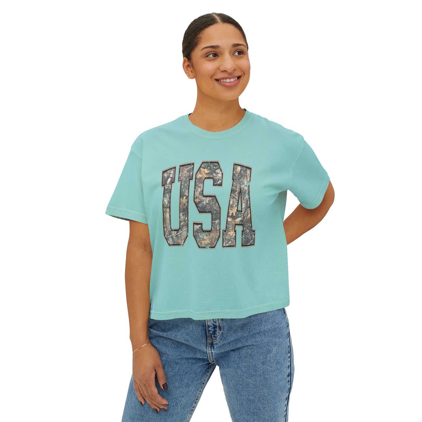 USA Camo Boxy Tee — Women's Patriotic Crop T-Shirt