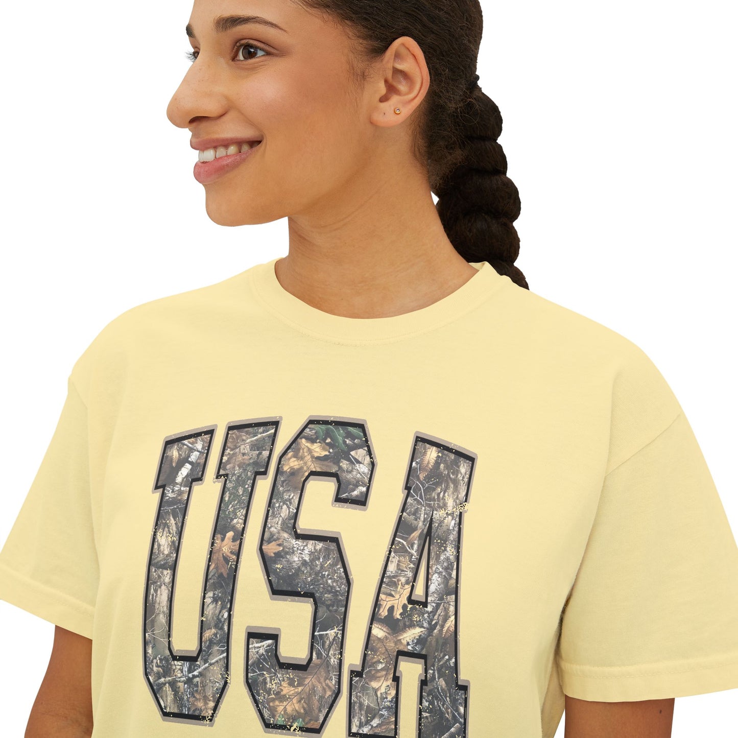 USA Camo Boxy Tee — Women's Patriotic Crop T-Shirt