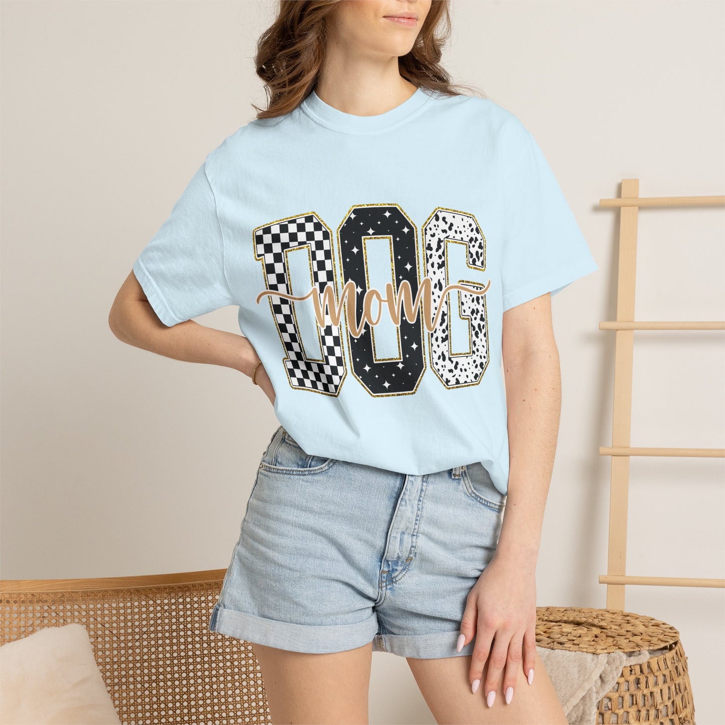 Dog Mom T‑Shirt — Checkerboard & Leopard Lettering Graphic Tee