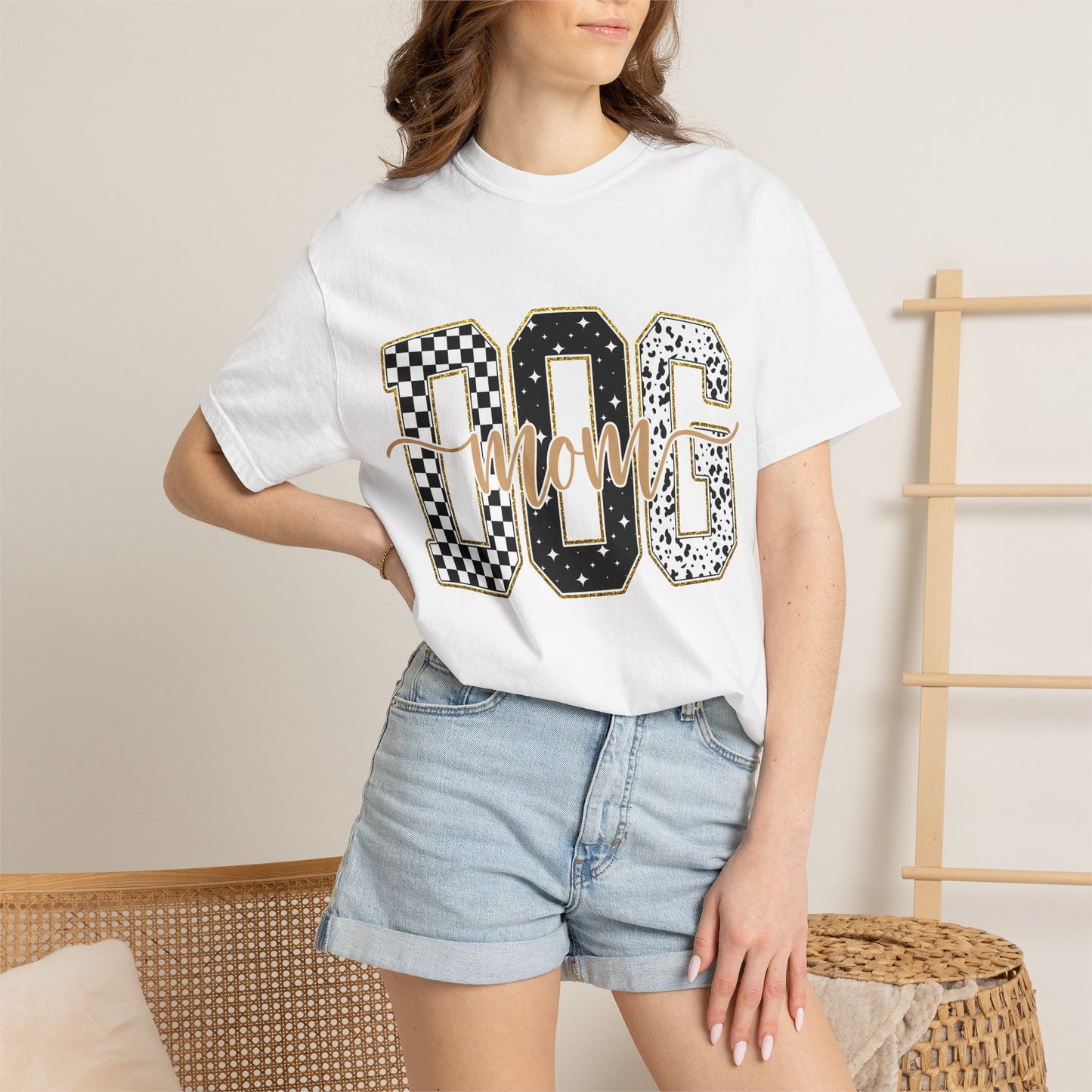 Dog Mom T‑Shirt — Checkerboard & Leopard Lettering Graphic Tee