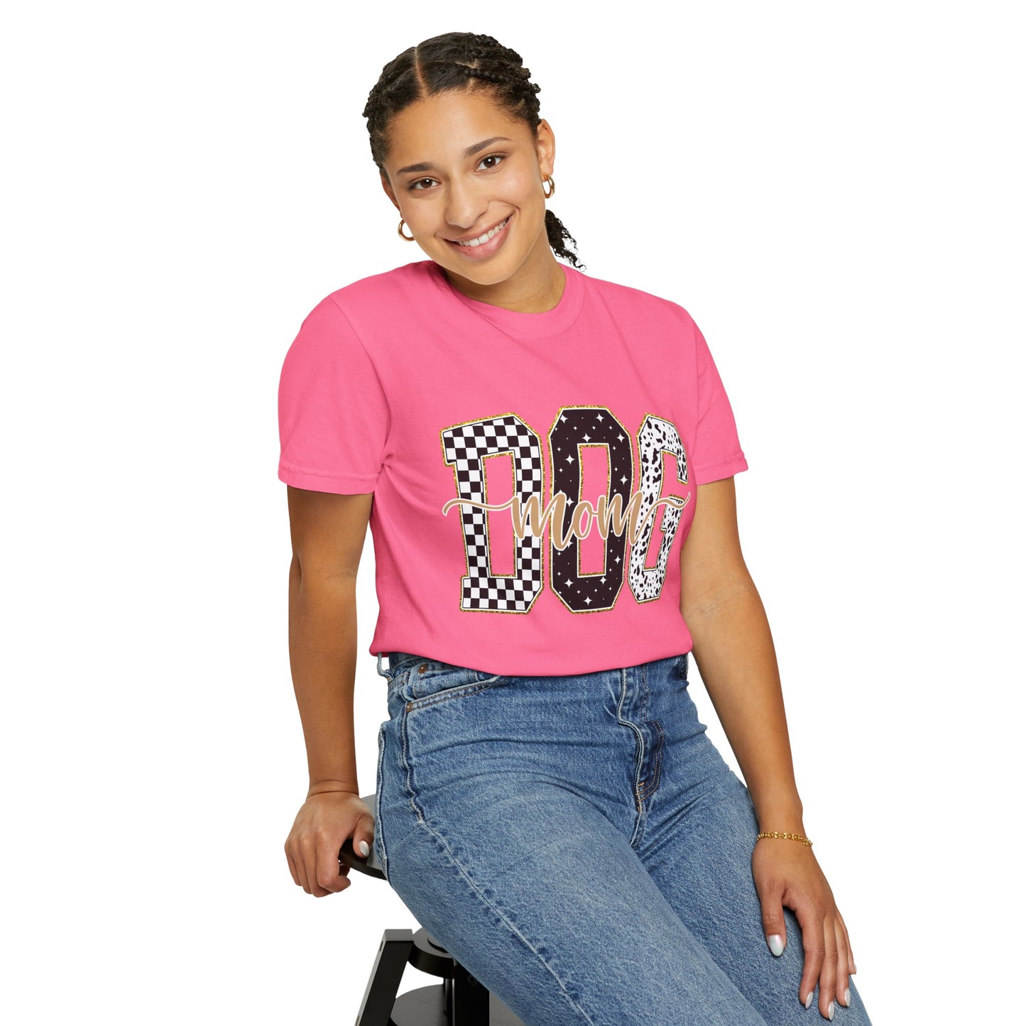 Dog Mom T‑Shirt — Checkerboard & Leopard Lettering Graphic Tee