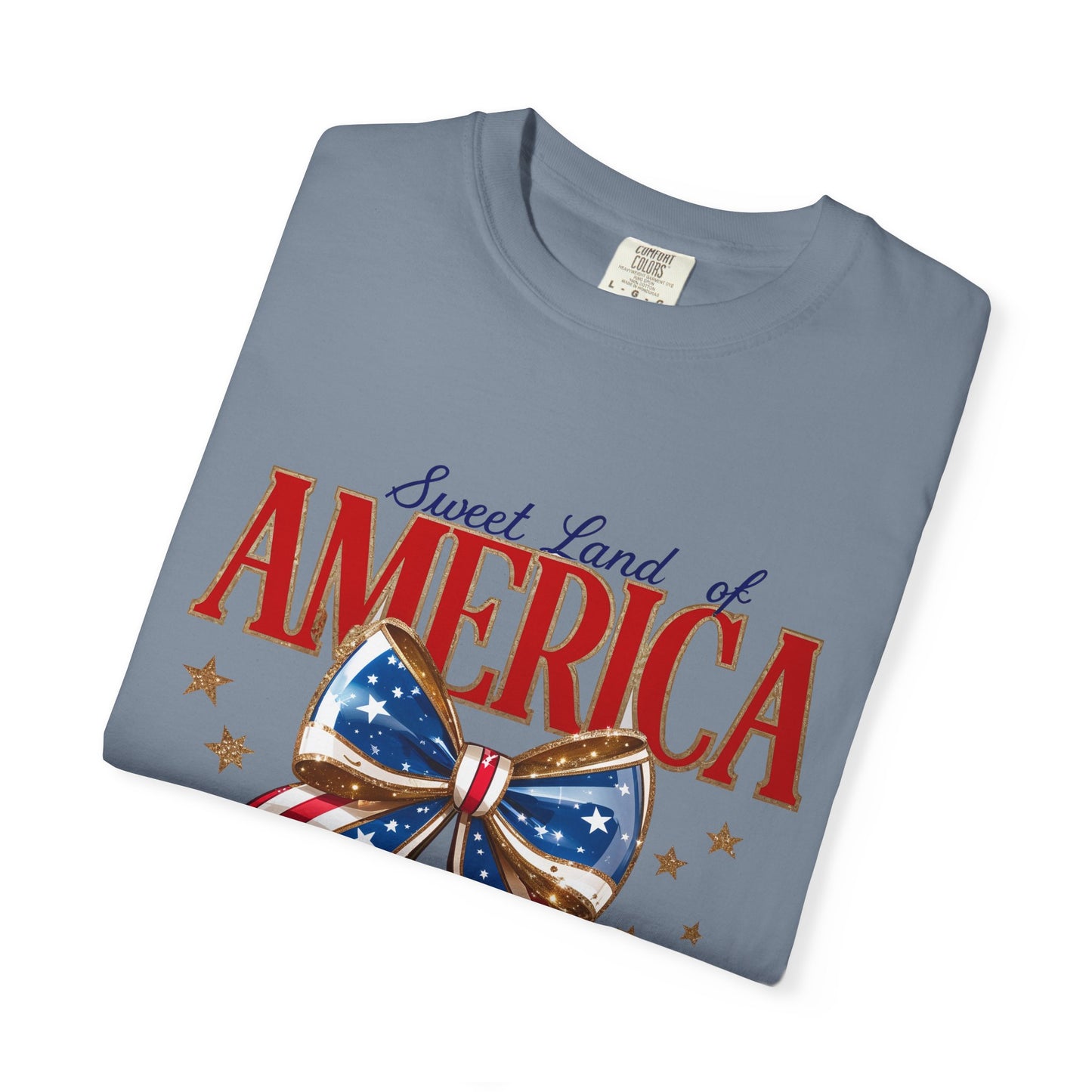 America Cherry Patriotic T-Shirt — "Sweet Land of America" Vintage Bow Design