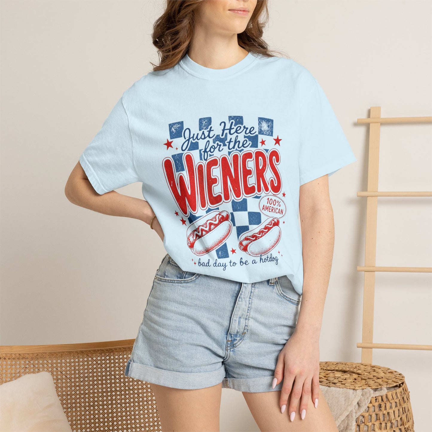 Just Here for the Wieners T-Shirt — Patriotic Hot Dog BBQ Tee
