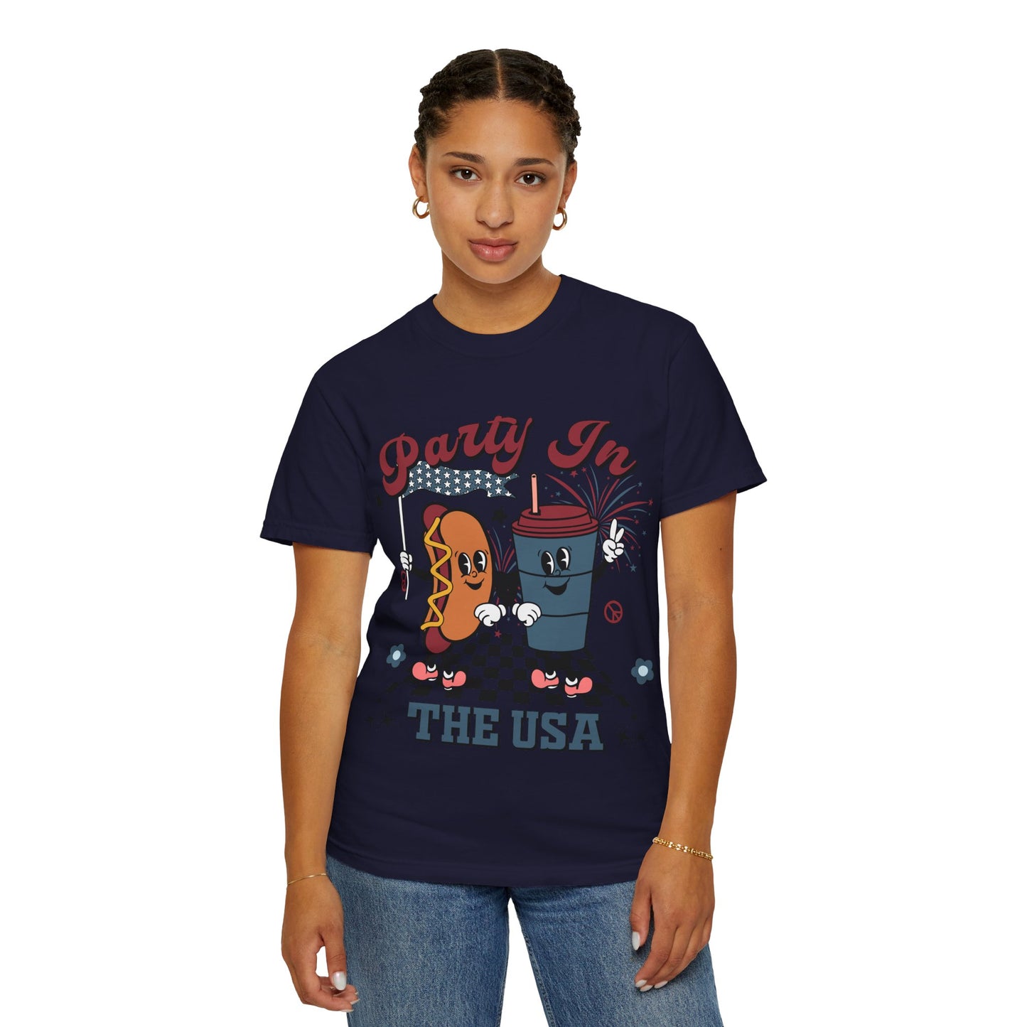 T-Shirt — "Party In The USA" Hot Dog & Soda Retro Graphic Tee