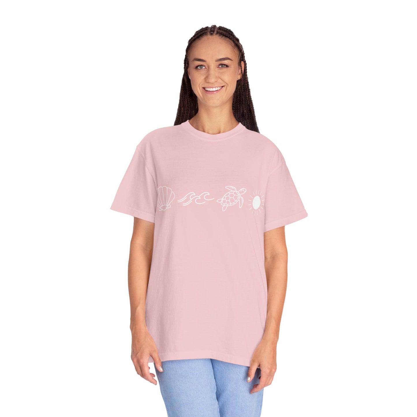 Sea Life Icons T-Shirt — Shell, Waves, Turtle & Sun Graphic Tee