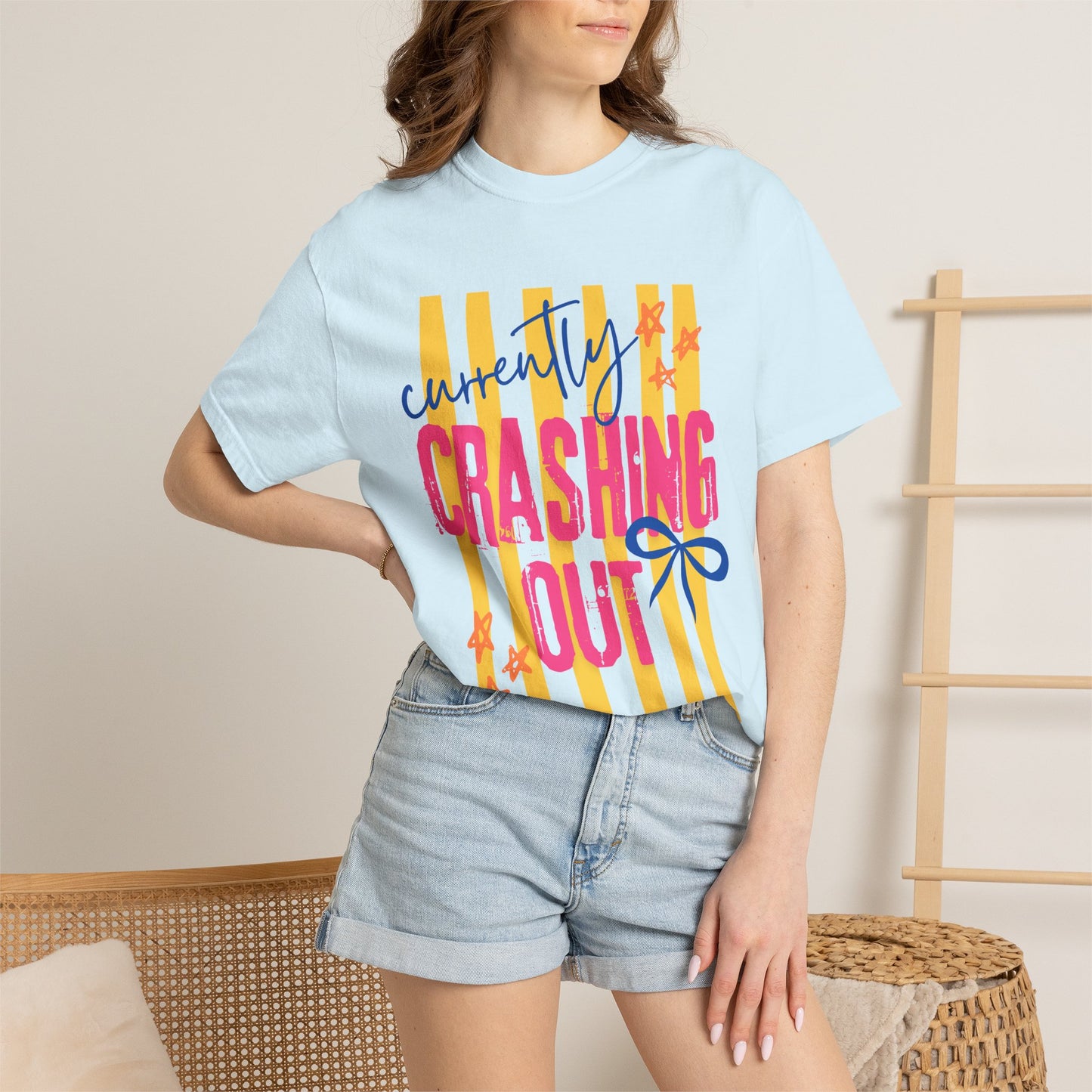 Crashing Out Graphic T‑Shirt — "Currently Crashing Out" Colorful Stripes & Bow Tee