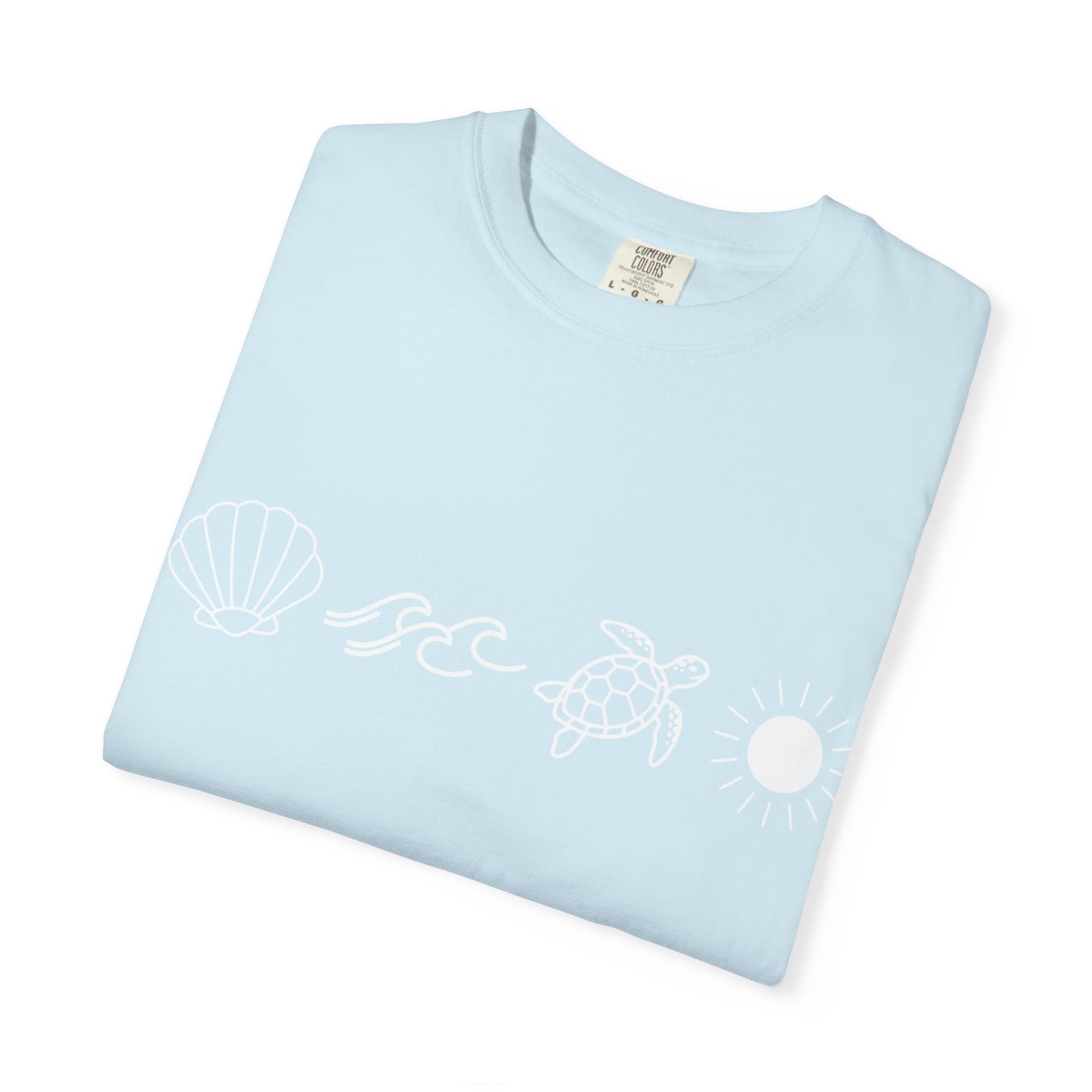 Sea Life Icons T-Shirt — Shell, Waves, Turtle & Sun Graphic Tee