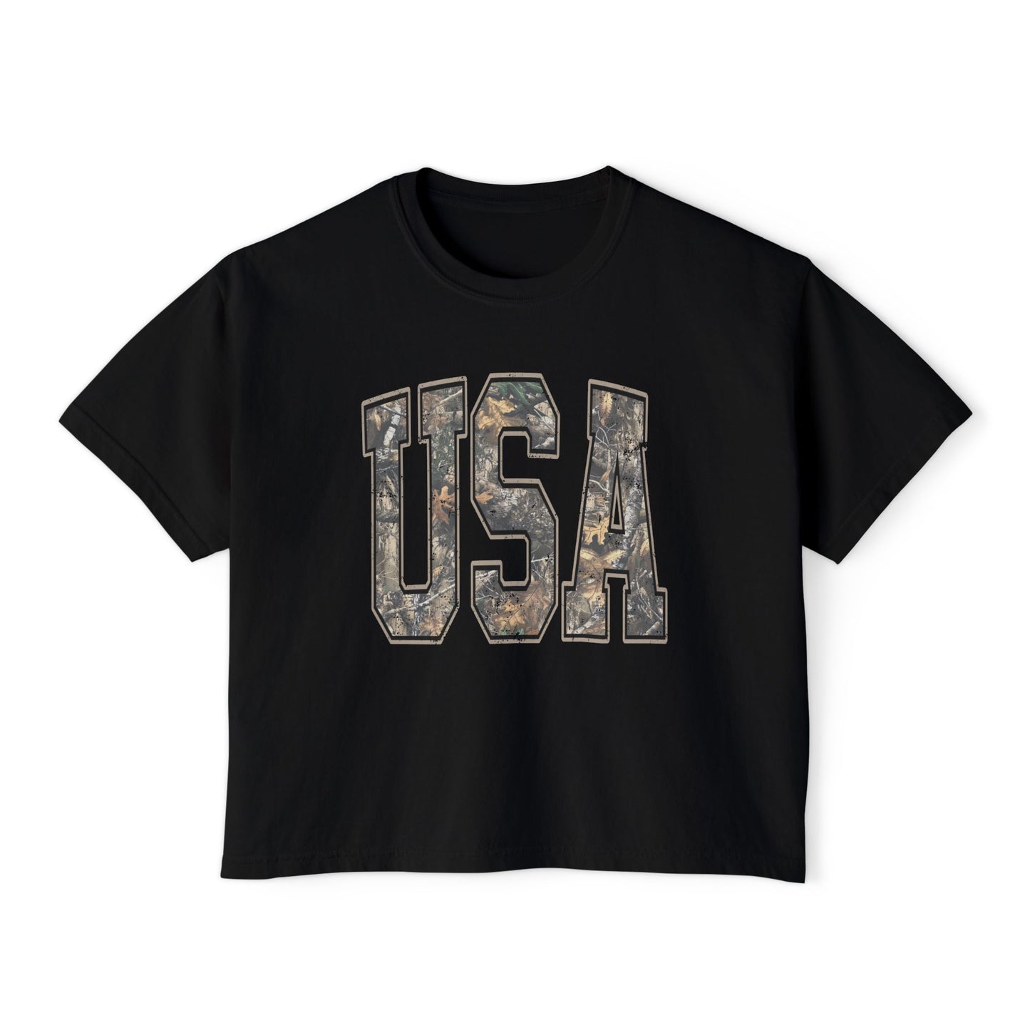 USA Camo Boxy Tee — Women's Patriotic Crop T-Shirt