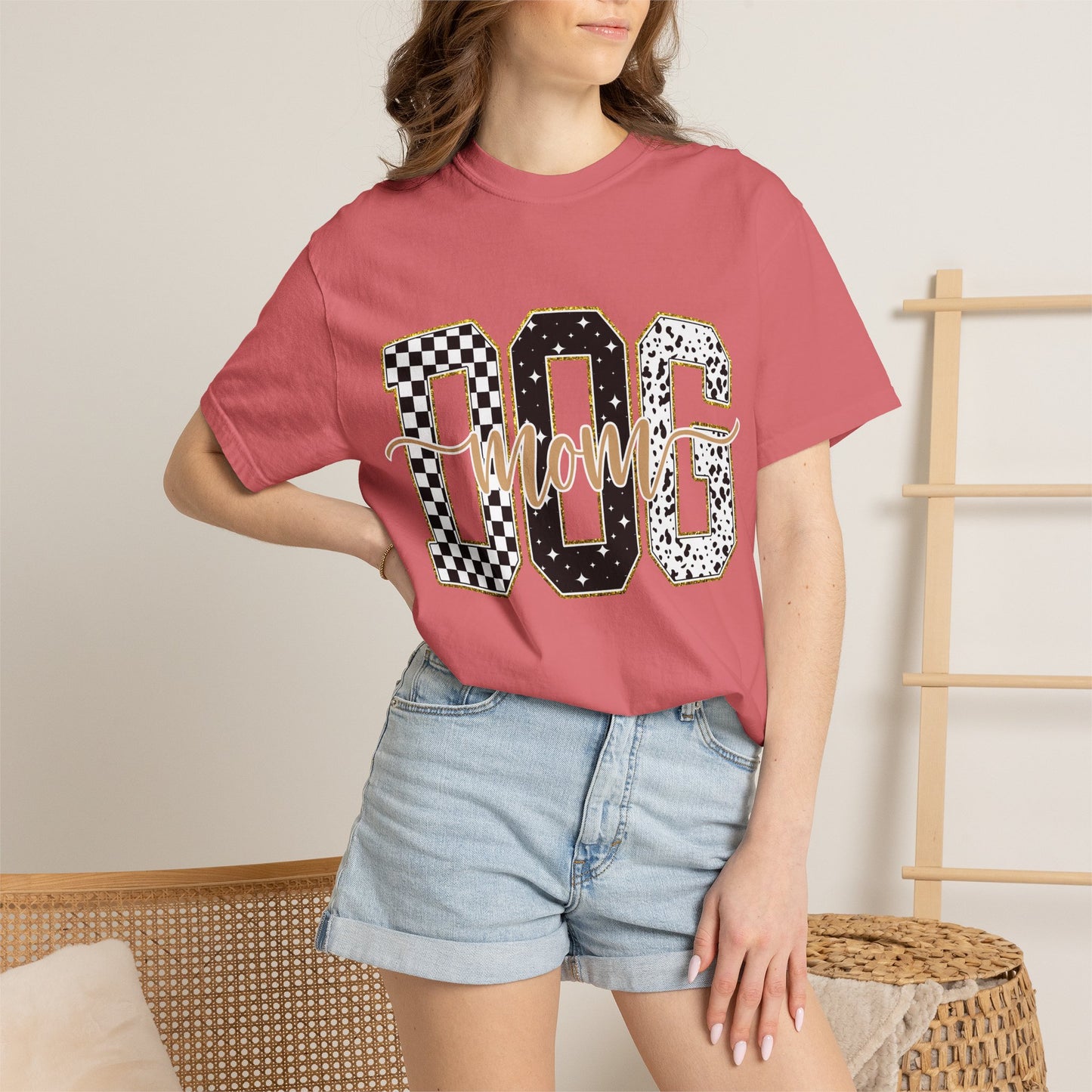 Dog Mom T‑Shirt — Checkerboard & Leopard Lettering Graphic Tee