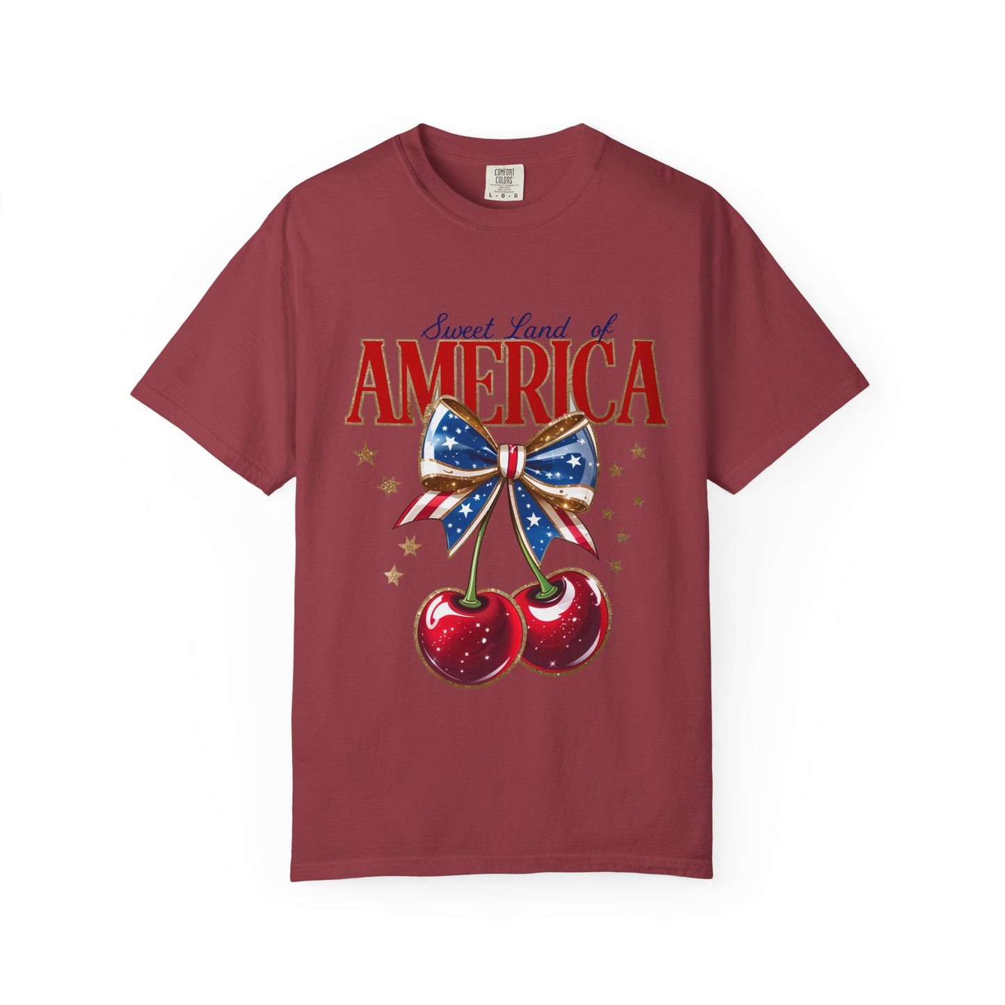 America Cherry Patriotic T-Shirt — "Sweet Land of America" Vintage Bow Design