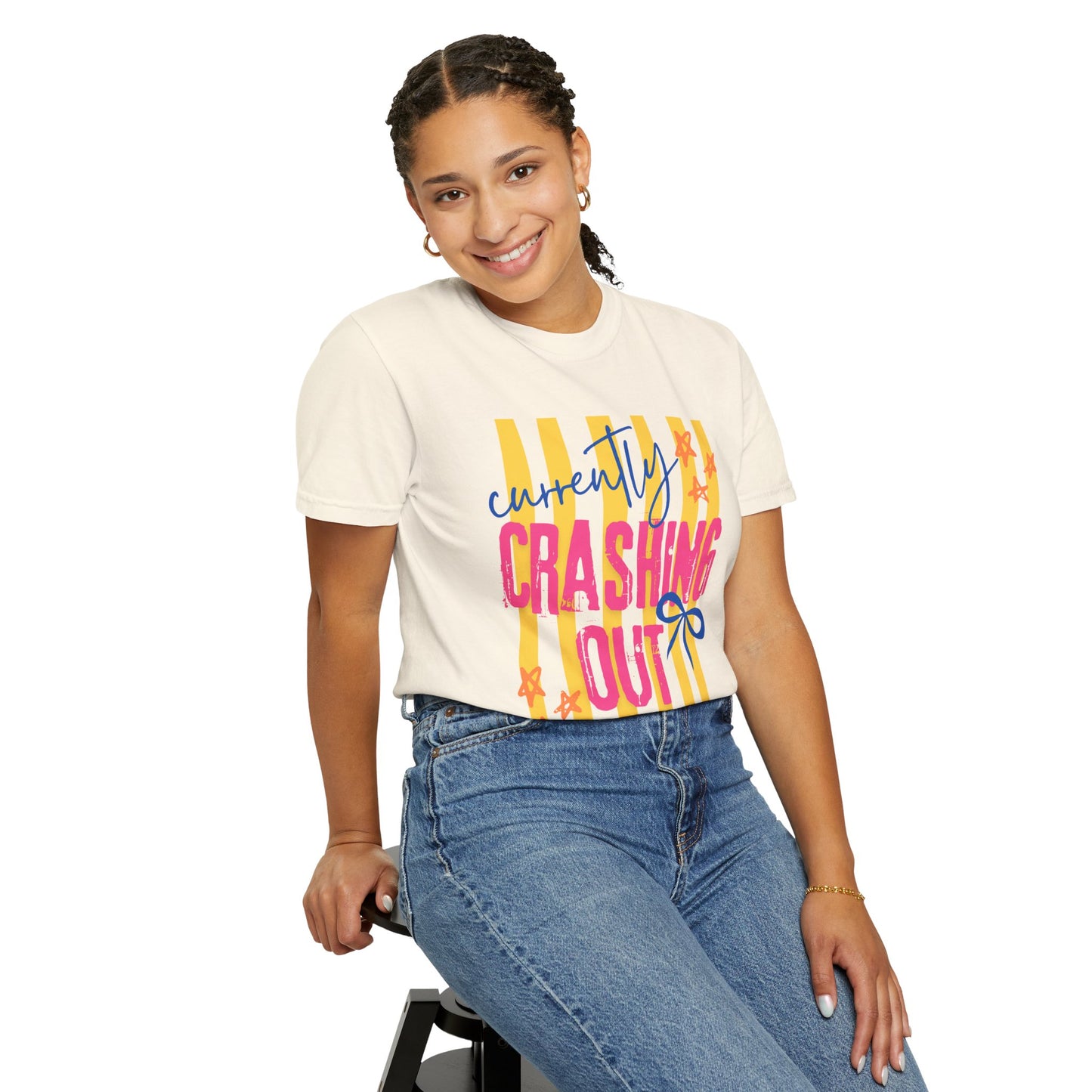 Crashing Out Graphic T‑Shirt — "Currently Crashing Out" Colorful Stripes & Bow Tee