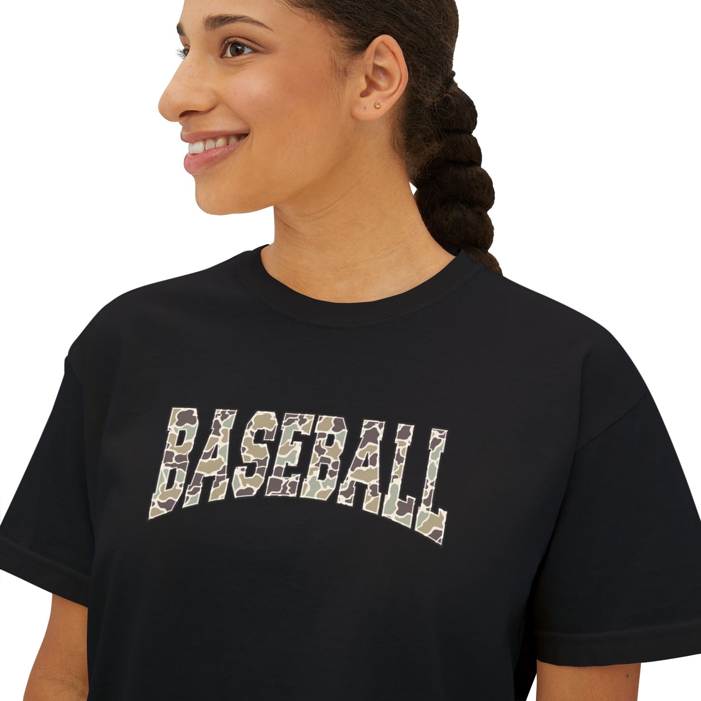 Baseball Camo Boxy Tee — Women's Cropped Casual Shirt