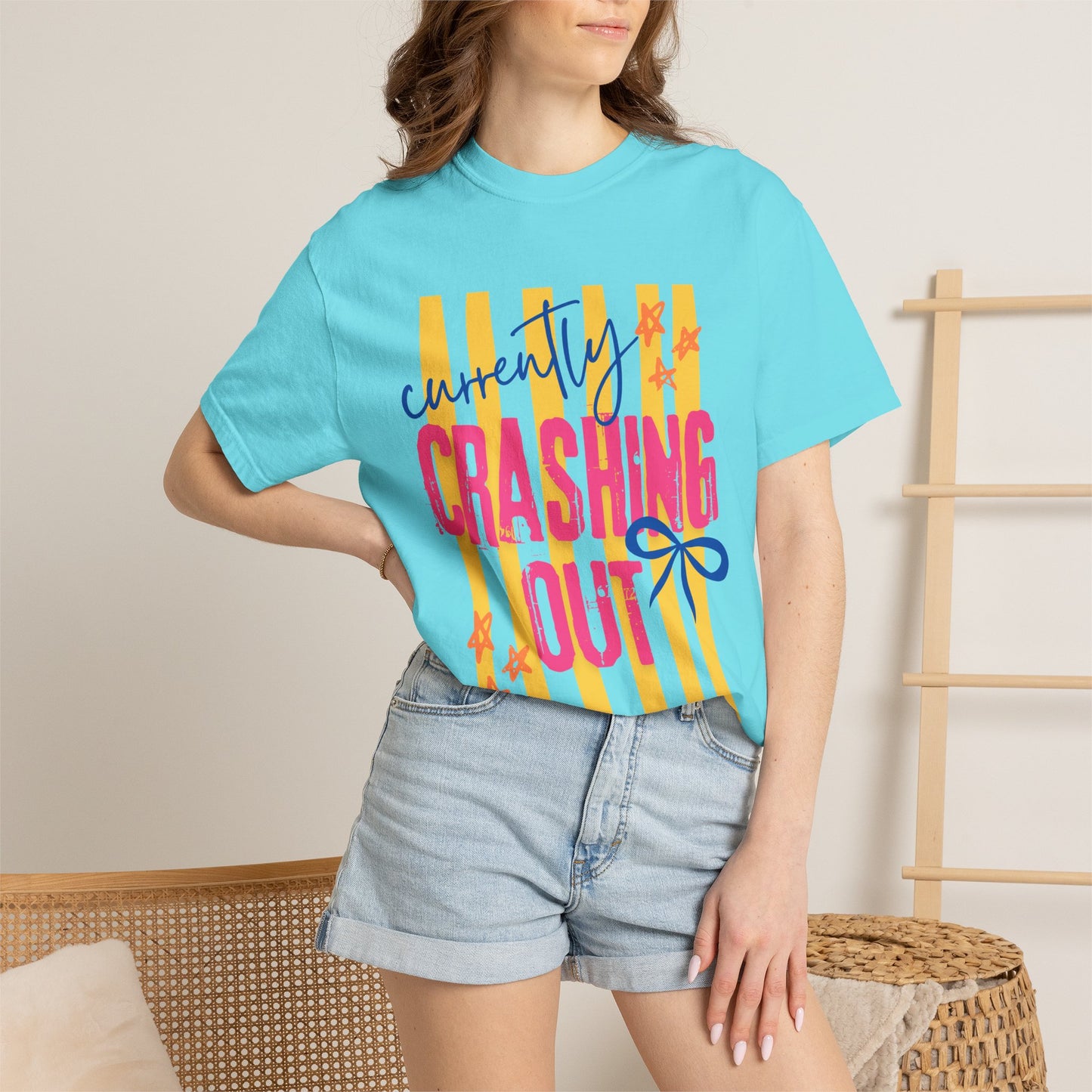 Crashing Out Graphic T‑Shirt — "Currently Crashing Out" Colorful Stripes & Bow Tee