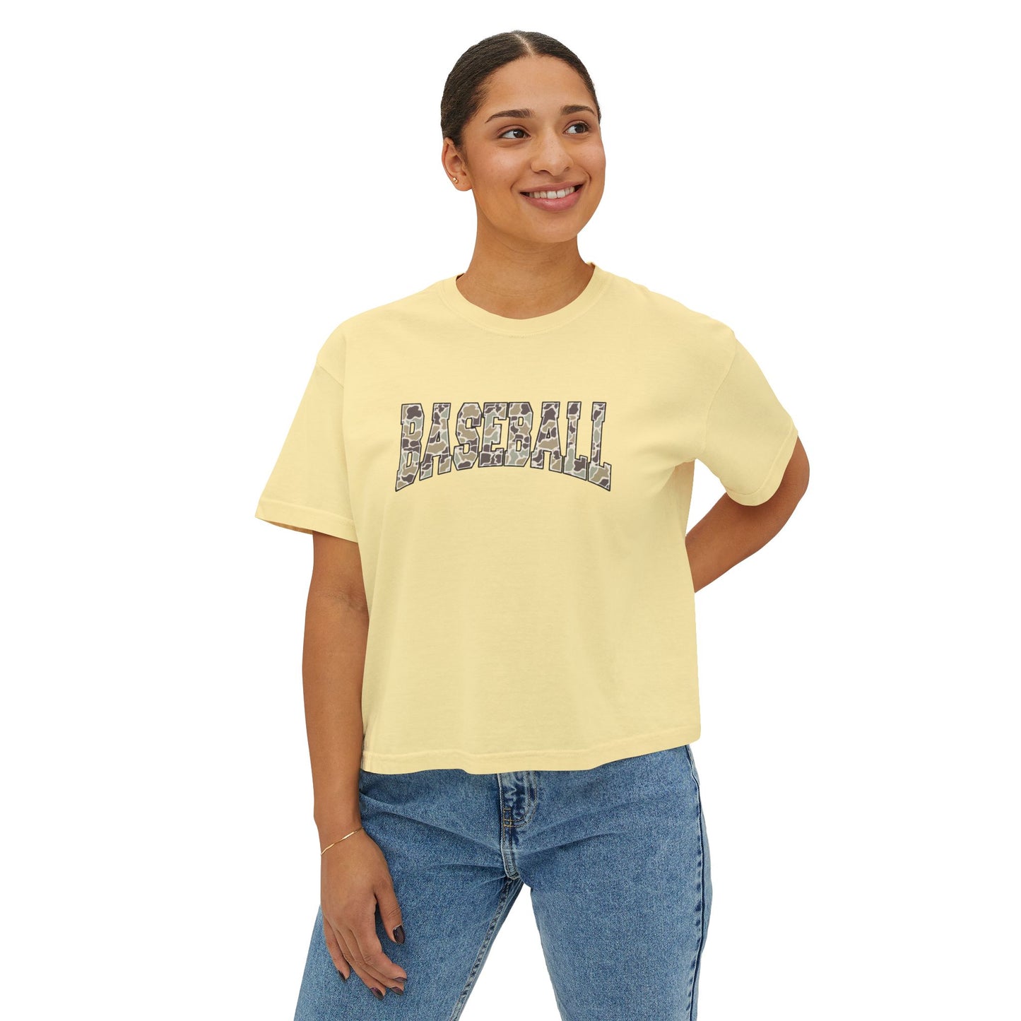 Baseball Camo Boxy Tee — Women's Cropped Casual Shirt