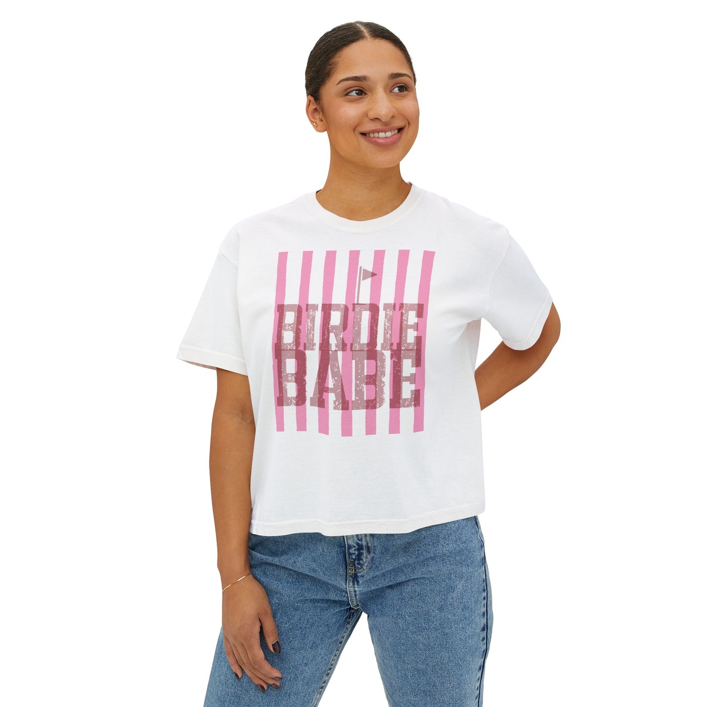 Birdie Babe Women's Boxy Tee — Pink Striped Golf Graphic