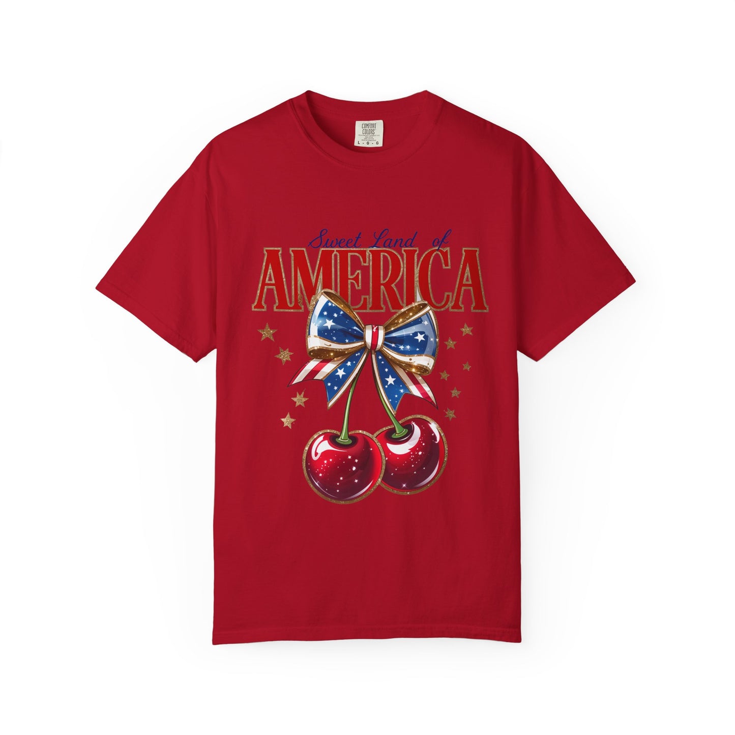 America Cherry Patriotic T-Shirt — "Sweet Land of America" Vintage Bow Design