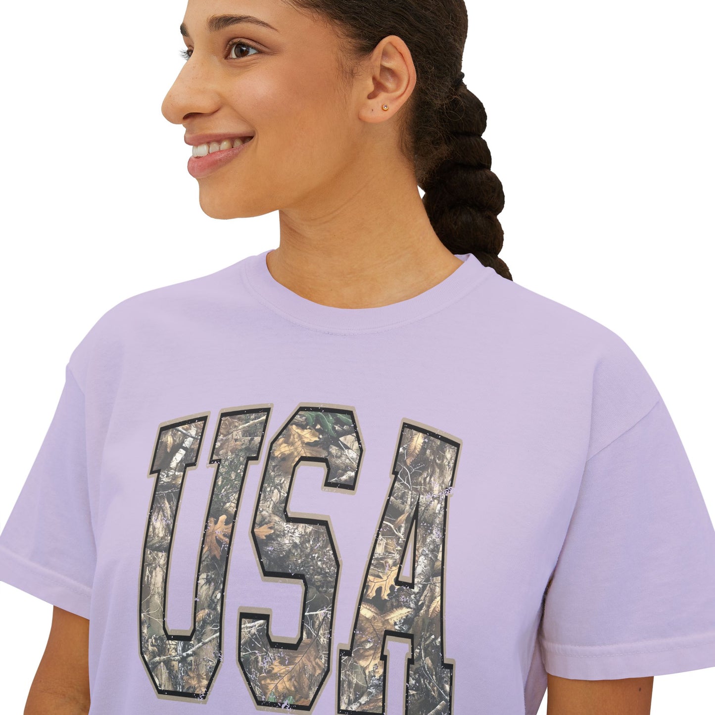 USA Camo Boxy Tee — Women's Patriotic Crop T-Shirt