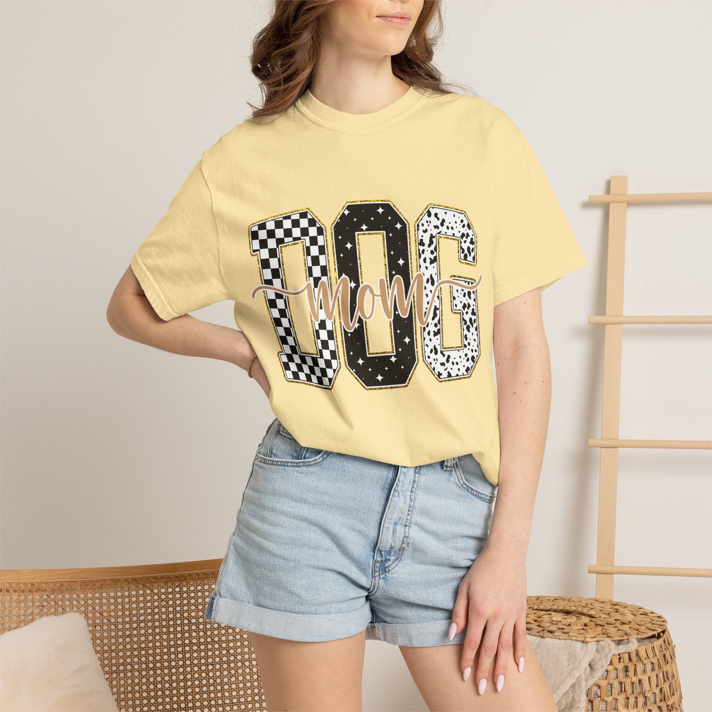 Dog Mom T‑Shirt — Checkerboard & Leopard Lettering Graphic Tee