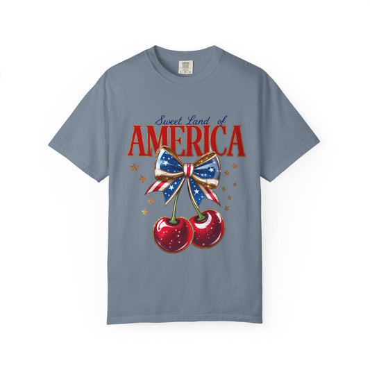 America Cherry Patriotic T-Shirt — "Sweet Land of America" Vintage Bow Design