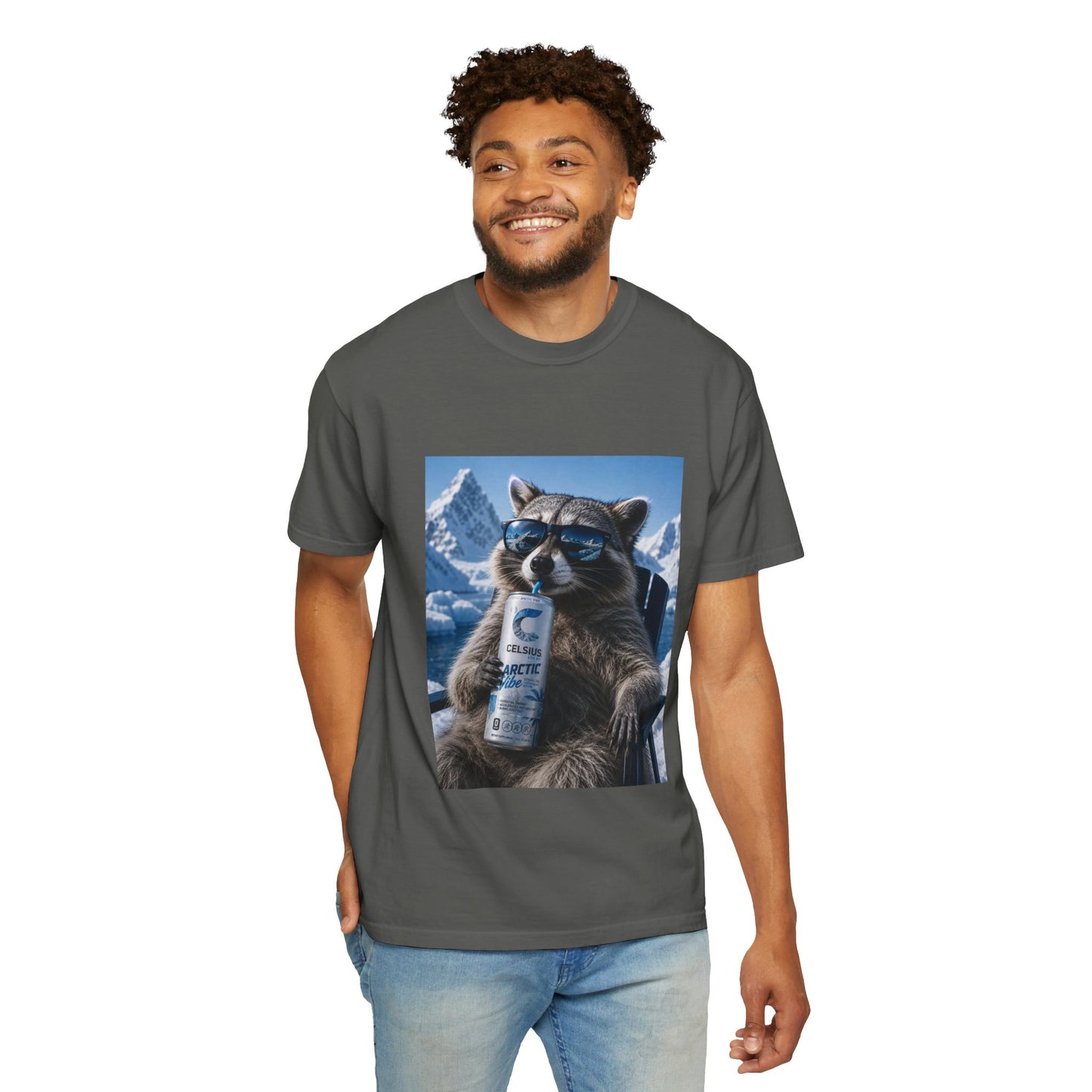 Raccoon Chill Tee — Mountain Lounge Graphic T-Shirt (Holds Celsius Engery Drink)