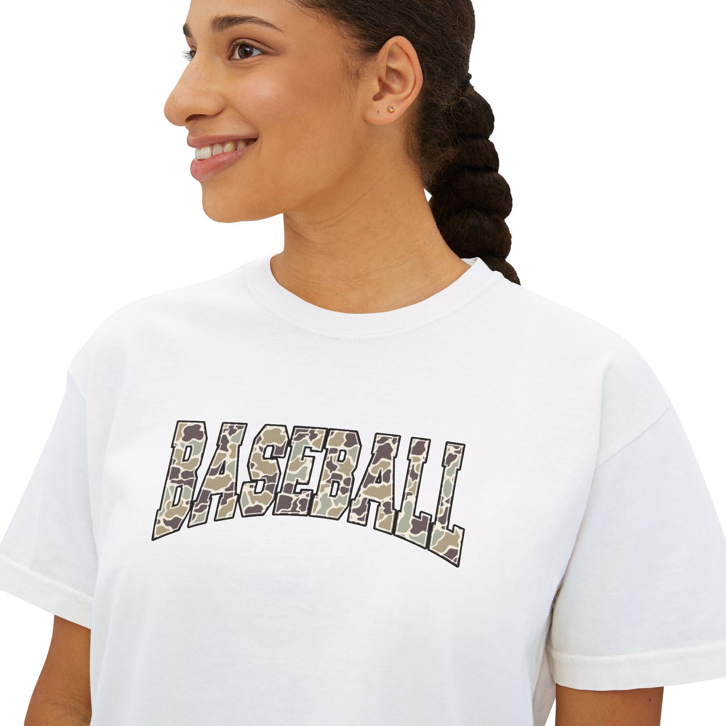 Baseball Camo Boxy Tee — Women's Cropped Casual Shirt