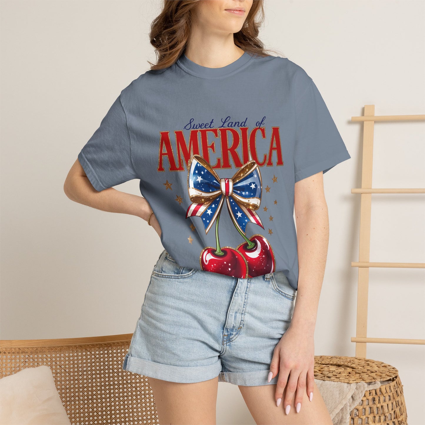 America Cherry Patriotic T-Shirt — "Sweet Land of America" Vintage Bow Design