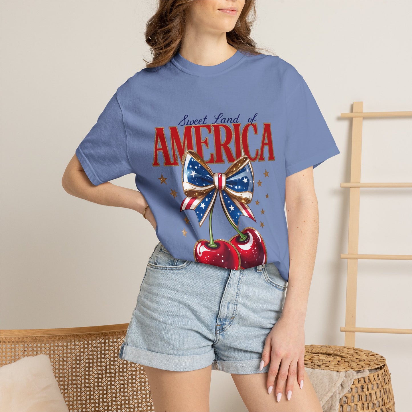 America Cherry Patriotic T-Shirt — "Sweet Land of America" Vintage Bow Design