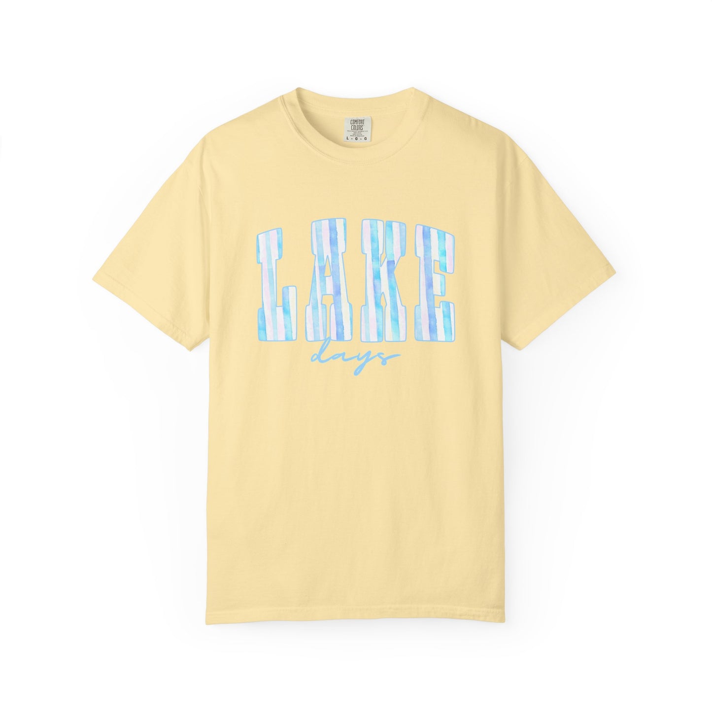 T-Shirt — "Lake Days" Blue Striped Graphic Tee