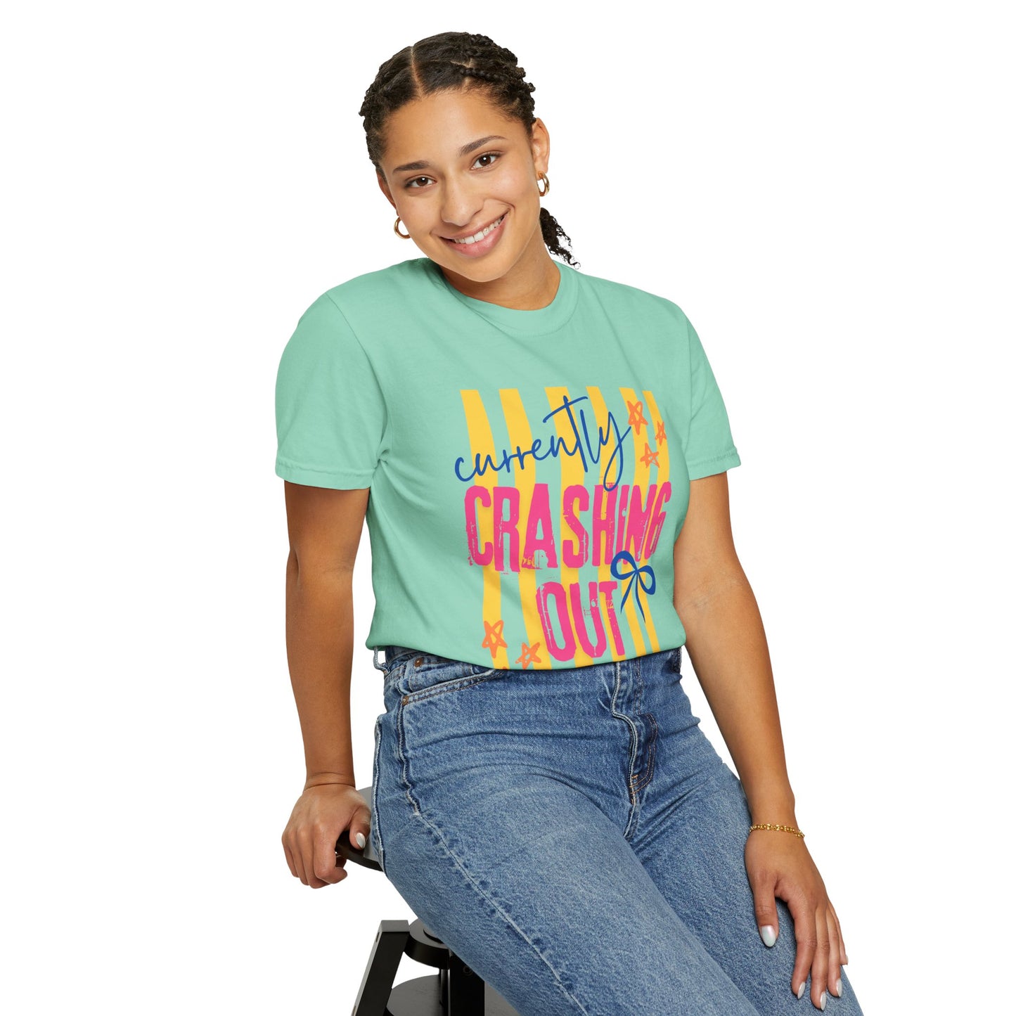 Crashing Out Graphic T‑Shirt — "Currently Crashing Out" Colorful Stripes & Bow Tee