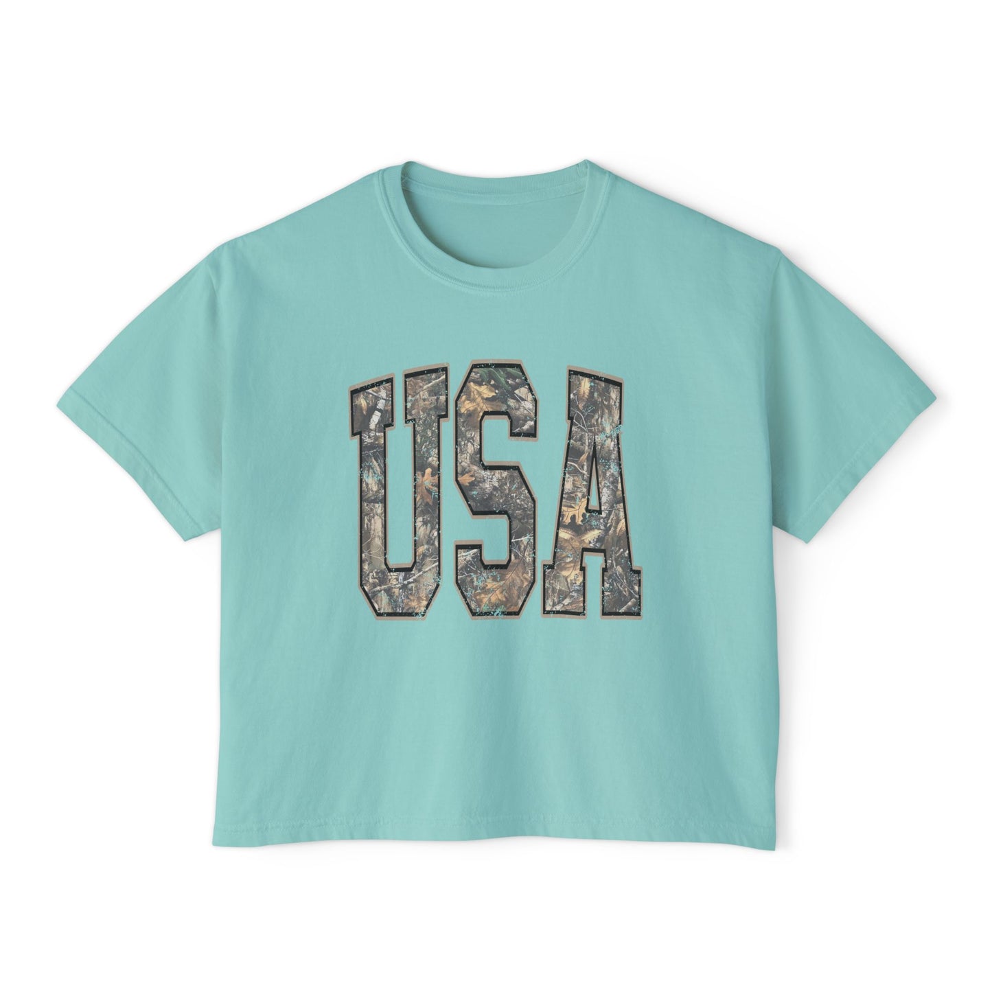 USA Camo Boxy Tee — Women's Patriotic Crop T-Shirt