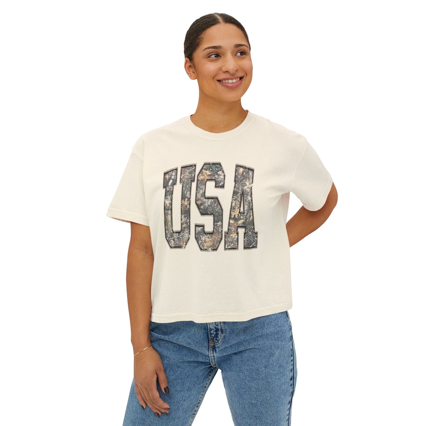 USA Camo Boxy Tee — Women's Patriotic Crop T-Shirt