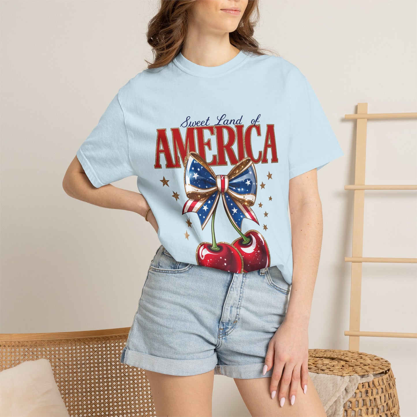 America Cherry Patriotic T-Shirt — "Sweet Land of America" Vintage Bow Design