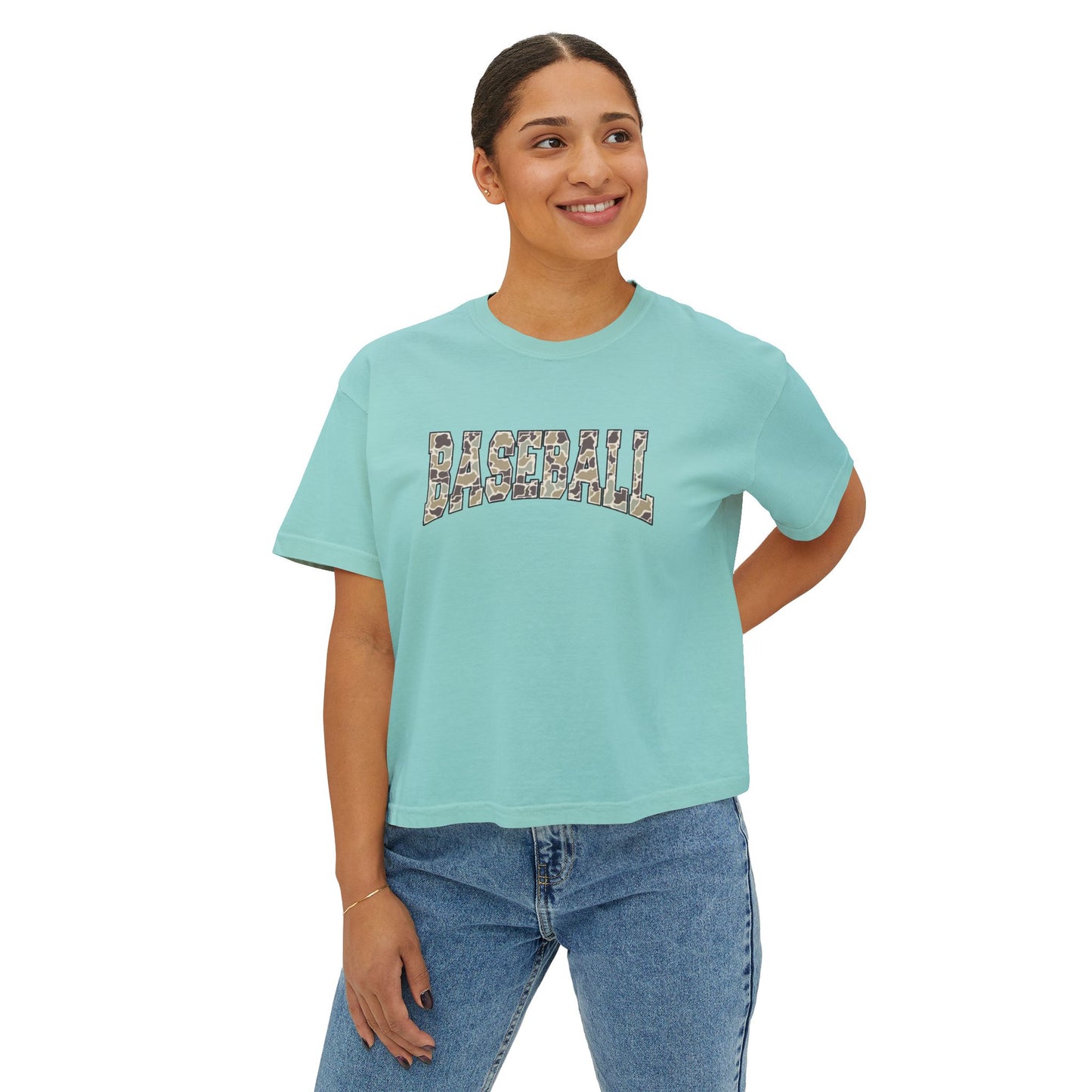 Baseball Camo Boxy Tee — Women's Cropped Casual Shirt