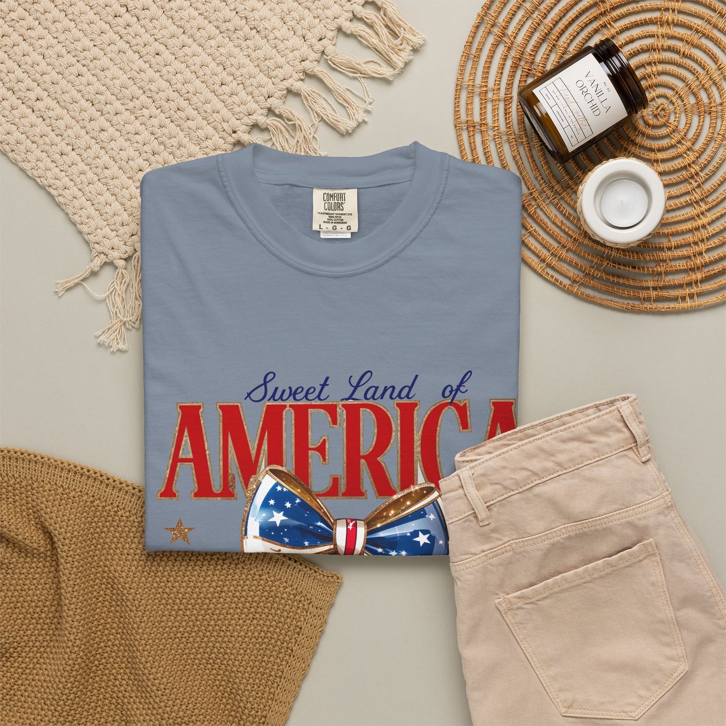 America Cherry Patriotic T-Shirt — "Sweet Land of America" Vintage Bow Design