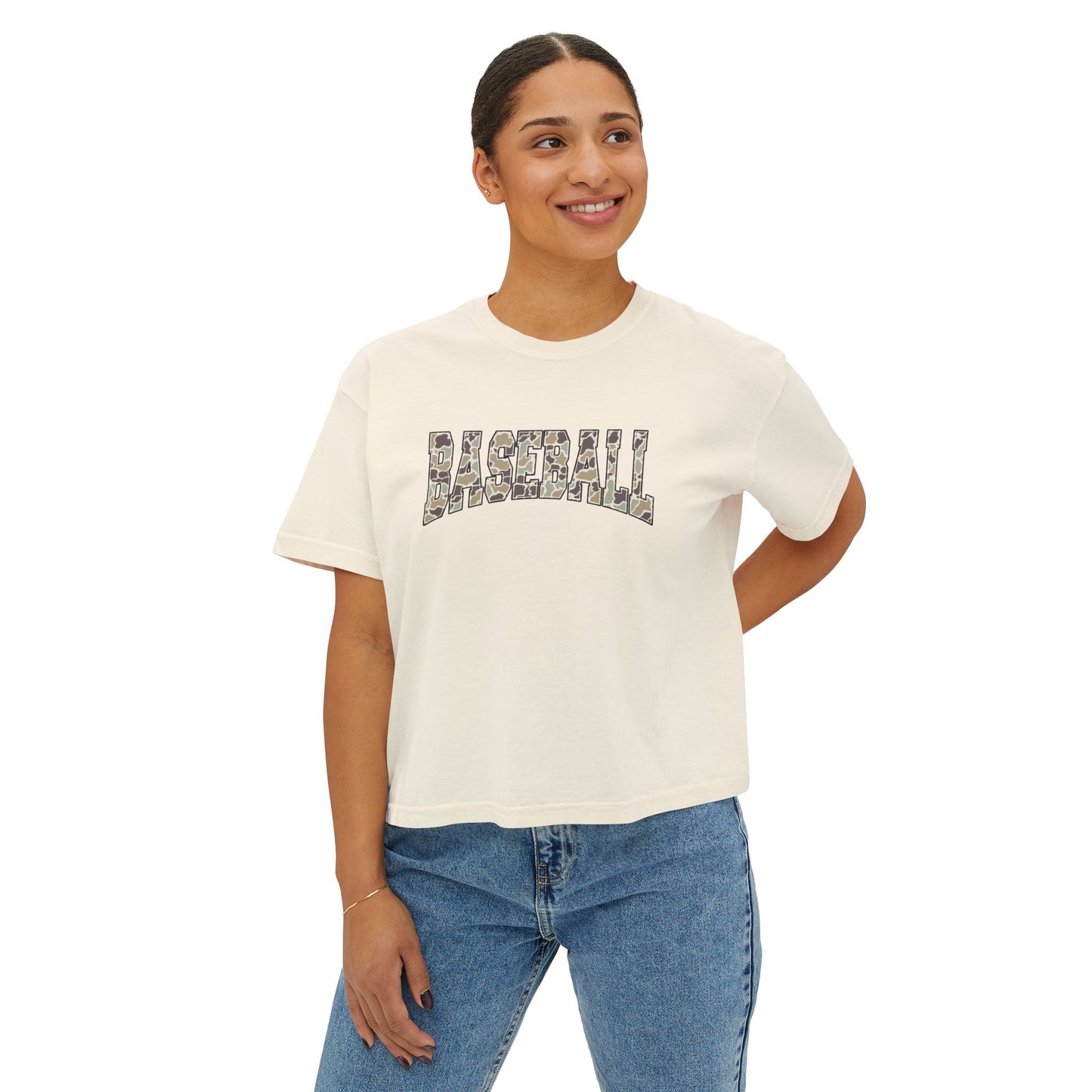 Baseball Camo Boxy Tee — Women's Cropped Casual Shirt